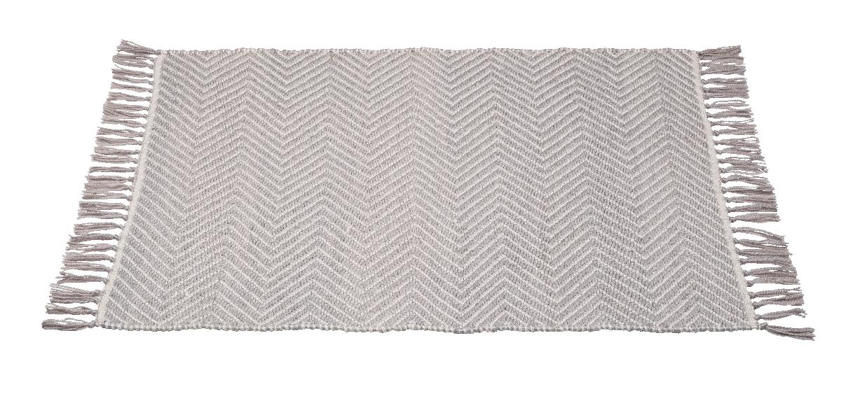 Fußbodenbelag, Foto siehe Anlage,
- mit einer bedruckten Pappbanderole versehen,
- rechteckig, in den Abmessungen von laut Antrag 80 cm x 50 cm,
- aus buntgewebten Geweben; somit keine Ware der Position 5705,
- aus laut Antrag 100 % Polyester (synthetischer Spinnstoff); ohne Flor,
- kein Kelim, Sumak, Karamanie oder ähnlicher Teppich,
- weder getuftet noch beflockt,
- an den Rändern der Schmalseiten durch geknüpfte Fransen aus den Fäden der Ware selbst
  befestigt (somit konfektioniert),
- auf der Rückseite rutschhemmend ausgerüstet,
- erfüllt die Bedingungen zur Einreihung als Fußbodenbelag.

"Fußbodenbelag aus Spinnstoffen, gewebt, weder getuftet noch beflockt, konfektioniert, anderer
 als in den Unterpositionen (HS) 5702 10 und 5702 20 genannte, ohne Flor, aus synthetischen Spinn-
 stoffen, aus Polyester"