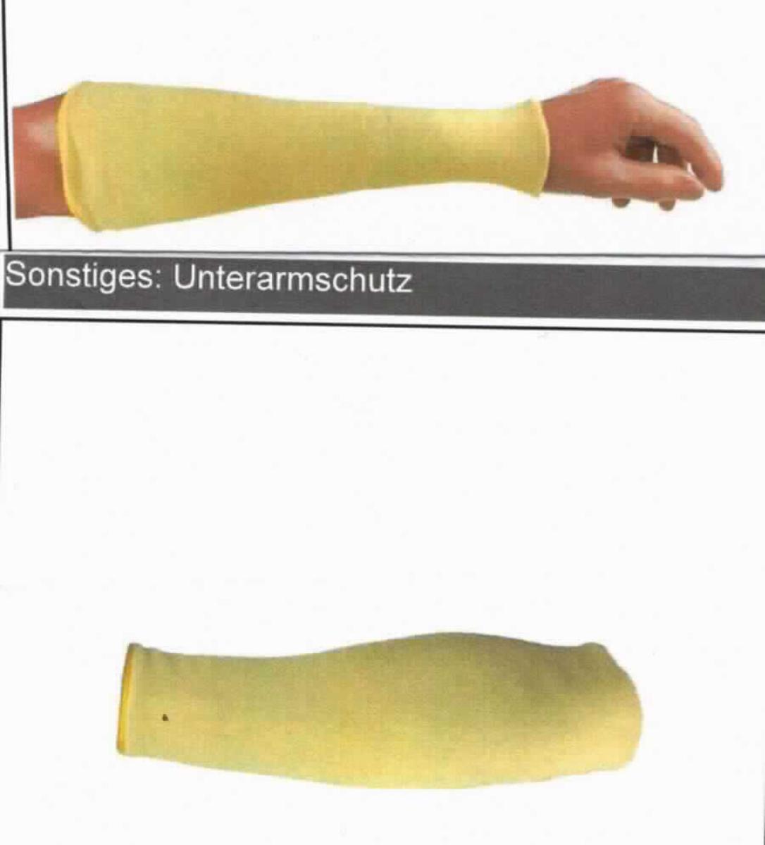 Armstulpe, sog. Armschoner aus Kevlar®, in Erwachsenengröße, Foto siehe Anlage,
- in einem Polybeutel verpackt,
- schlauchförmig; in zwei unterschiedlichen Abmessungen: flachliegend mit einer Länge von ca. 28 cm bzw. 36 cm
  und einer Breite von ca. 8 cm,
- doppelt gearbeitet; aus ca. 1,1 mm dicken, einfarbigen Gewirken aus laut Antrag Kevlar (Para-Aramid; synthe-
  tische Chemiefasern); weder gummielastisch noch kautschutiert,
- bedeckt den Unterarm und das Handgelenk,
- am oberen Rand mit einer Überwendlichnaht gesäumt,
- dient zum Schutz vor Hitze und Schnittverletzungen,
- individuelles (selbstständiges) Einzelstück, das eine Ergänzung von Kleidung darstellt.

"Anderes konfektioniertes Bekleidungszubehör (Armstulpe), aus (weder gummielastischen noch kautschutierten)
 Gewirken"
