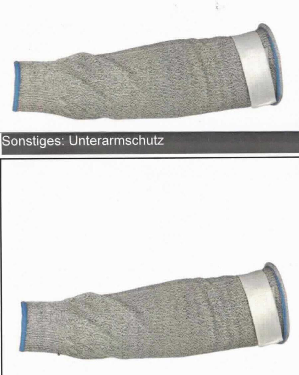 Armstulpe, sog. Armschoner aus HPPE Faser, in Erwachsenengröße, Foto siehe Anlage,
- in einem Polybeutel verpackt,
- aus ca. 1,4 mm dicken, buntgewirkten Gewirken (melierte Garne) aus laut Antrag Polyethylen (synthetische 
  Chemiefasern); weder gummielastisch noch kautschutiert,
- schlauchförmig; in zwei unterschiedlichen Abmessungen: flachliegend mit einer Länge von ca. 26 cm bzw. 35 cm 
  und einer Breite von bis zu ca. 13 cm,
- am oberen Rand mit einem angenähten Klettverschlussriegel, am unteren Rand mit einem gerippt gewirkten, 
  elastischen Abschluss versehen (u. a. somit konfektioniert),
- bedeckt den Unterarm und das Handgelenk,
- dient zum Schutz vor Schnittverletzungen,
- individuelles (selbstständiges) Einzelstück, das eine Ergänzung von Kleidung darstellt.

"Anderes konfektioniertes Bekleidungszubehör (Armstulpe), aus (weder gummielastischen noch kautschutierten)
 Gewirken"