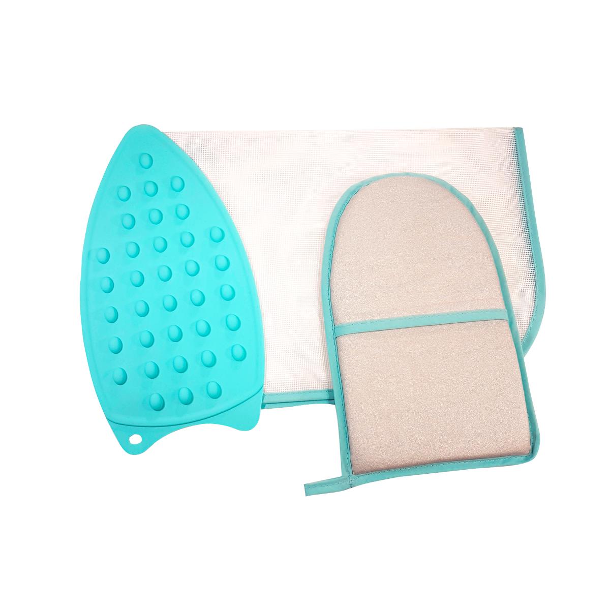 Bügelset, Foto siehe Anlage,
- dreiteilige Zusammenstellung, bestehend aus einem Bügelschutztuch, einem Bügelhandschuh und
  einer Silikon-Abstellmatte,
- gemeinsam in einem Polybeutel verpackt,
- getrennte Einreihung aller Bestandteile, da die Waren weder der Befriedigung eines speziellen Be-
  darfs noch der Ausübung einer bestimmten Tätigkeit dienen und somit keine Warenzusammenstellung
  im Sinne der AV 3 b) bilden,
- Bügelschutztuch:
-- annähernd rechteckig, mit abgerundeten Ecken; in den Abmessungen (L x B) von ca. 90 cm x 40 cm,
-- aus ca. 0,3 mm dicken, einfarbigen Kettengewirken aus laut Antrag 100 % Polyester (synthetische
   Chemiefasern); mit offenen, nicht verschiebbaren Zellen,
-- an den Rändern mit einem schmalen Streifen aus Geweben eingefasst,
-- durch Zusammennähen konfektioniert,
-- dient laut Antrag als Schutztuch zur Verhinderung von Glanzstellen beim Bügeln,
-- stellt sich als konfektioniertes Netz der Position 5608 dar, somit keine Ware der Position 6307.

"Konfektioniertes Netz (Bügelschutztuch), aus synthetischen Spinnstoffen, aus Polyester"