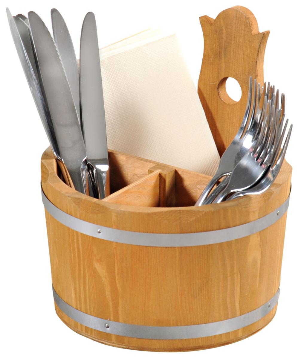 Besteckbehälter, Art. 69295 (Abbildung siehe Anlage - ohne Besteck und Servietten -)
- rundes, Eimer ähnliches Behältnis aus einzeln aneinander gefügten Holzstäben und
  einer an den Stäben angeklebten Bodenplatte aus Sperrholz (nicht mit Nut/Falz
  zusammengefügt, keine Böttcherware der Position 4416), ein Stab verlängert und 
  durchbohrt, mit zwei Reifen aus Metall versehen, innen dreifach mit Stegen aus
  Sperrholz in unterschiedlich große Fächer unterteilt,
- aus Kiefernholz (lt. Antragsteller),
- zur Aufbewahrung und Bereithalten von Besteckteilen und Servietten.

Der Charakter der zusammengesetzten Ware wird aufgrund der Bedeutung in Bezug auf die Verwendung und des Umfanges durch das Holz bestimmt.

"Den Besteckkästchen ähnliches Behältnis aus Holz, nicht aus tropischem Holz im Sinne der Zusätzlichen Anmerkung 2 zu Kapitel 44, kein Stammstück (zusammengesetzte Ware aus Holz -charakterbestimmend- und Metall); sog. Besteckbehälter"