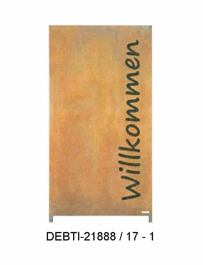 Es handelt sich um rechteckige Erzeugnisse aus Stahl, die am unteren Ende zu zwei Ansatzstücken ausgearbeitet und die an einer Seite über die gesamte Länge mit Ausschnitten in Form des Wortes "Willkommen" versehen sind. 
Die Erzeugnisse dienen als Sichtschutzwände und Schilder und sind dazu bestimmt, dauerhaft am Einsatzort zu verbleiben. Hierzu werden sie im Boden einbetoniert oder mit dem Untergrund verschraubt.
Abmessungen (Höhe x Breite x Dicke): 180 cm x 90 cm x 5 cm.
- Antragstellerangaben -

Abbildung siehe Anlage.

Derartige Erzeugnisse gehören als "den Hinweisschildern ähnliche Schilder, aus unedlen Metallen" zum TARIC-Code 8310 0000 00.