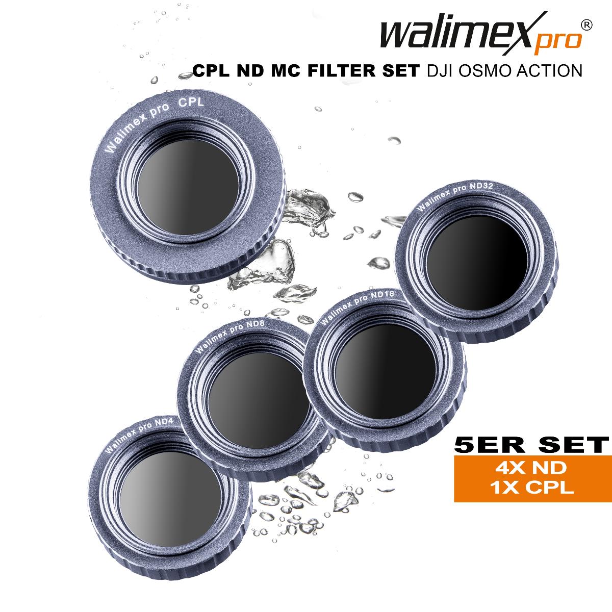 Sog. Walimex pro Filter Set DJI OSMO Action CPL/ND MC, Artikelnummer 22840, in verschiedenen Ausführungen (1x CPL, 1x ND4, 1x ND8, 1x ND16 und 1x ND32), im Wesentlichen bestehend aus einem Set aus fünf mehrfach vergüteten, optisch bearbeiteten und in einem Aluminiumrahmen gefassten Glasscheiben. Die Graufilter (ND) dienen nach Montage an ein Kameraobjektiv zur Verlängerung der Belichtungszeit und sorgen für eine gleichmäßige Lichtreduktion im Bild ohne die Farben zu verändern. Fotografieren oder Filmen mit offener Blende ist möglich, wobei der Blendenwert um 2 beim Filter ND4, um 3 beim Filter ND8, um 4 beim Filter ND16 und 5 beim Filter ND32 verlängert wird. Der Zirkular-Polfilter (CPL) wird verwendet, um Spiegelungen durch Glas oder auf der Wasseroberfläche zu minimieren, bei gleichzeitiger Erhöhung der Sättigung und Steigerung des Kontrasts. Die Filter eignen sich speziell für Landschafts- oder Architekturaufnahmen.
Sie sind in einer Kunststoffschachtel mit vorgeformten Mulden für den dauernden Gebrauch und in einer transparenten Tüte mit Pappanhänger verpackt.
Zur äußeren Form siehe Abbildung in der Anlage.

Die Ware wird als "optische Elemente, aus Stoffen aller Art, für Instrumente und Geräte, gefasst, nicht aus nicht optisch bearbeiteten Glas, Filter" eingereiht.