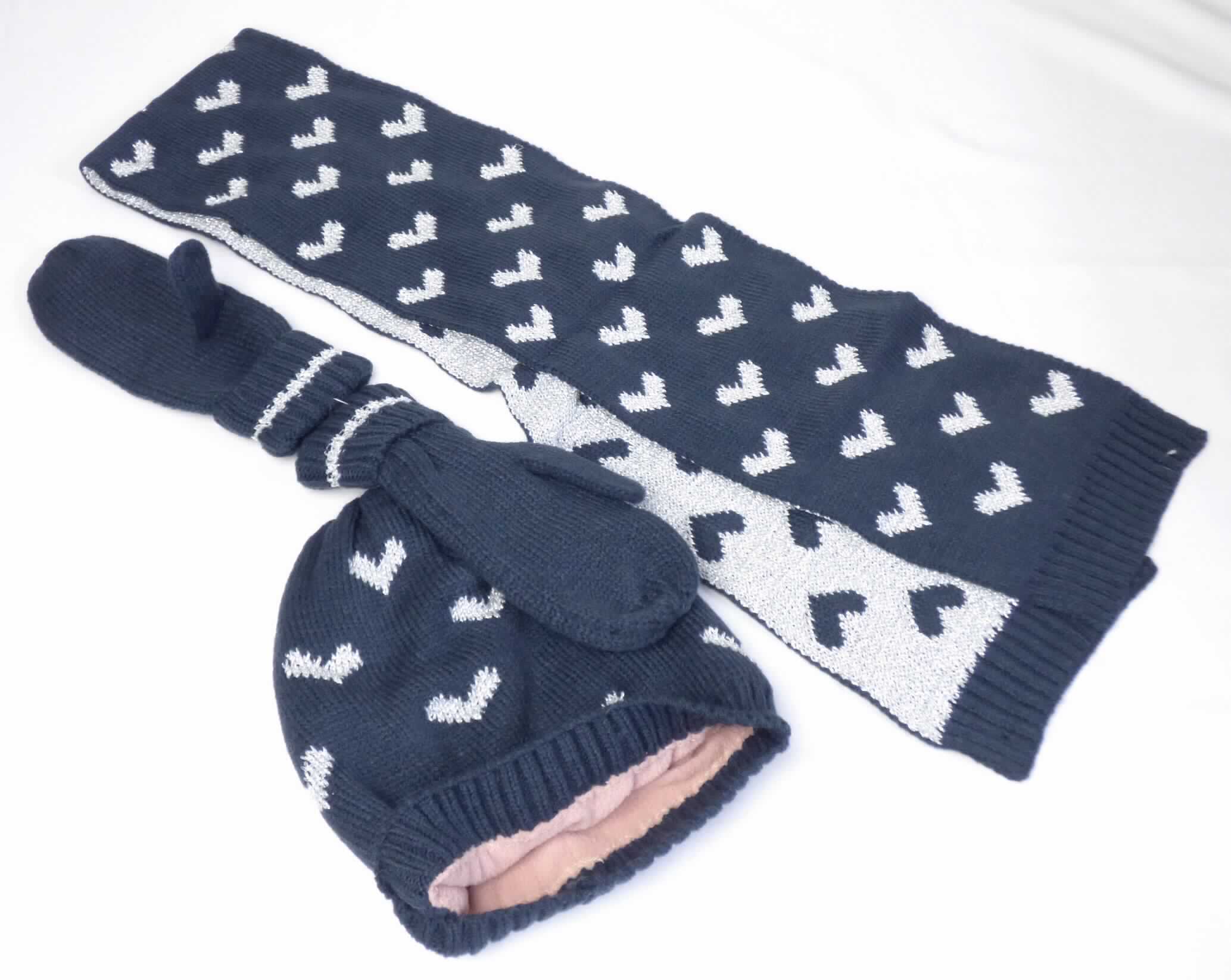 Schal, Mütze und ein Paar Handschuhe, sog. Kinder Winteraccessoires, in Kindergröße, Foto siehe Anlage,
- stellt sich als Warenzusammenstellung dar, 
- zur Befriedigung eines speziellen Bedarfs zusammengestellt und gemeinsam für den Einzelverkauf aufgemacht,
- Schal:
-- aus ca. 2,6 mm dicken, buntgewirkten Gewirken aus laut Antrag 85 % Polyacryl (synthetische Chemiefasern)
   und 15 % metallisierten Garnen der Position 5605,
-- in den Abmessungen von: ca. 120 cm x 15 cm,
-- als Einzelstück abgepasst gestrickt (somit konfektioniert),
-- stellt sich als Schal dar, somit keine Ware der Unterposition 6117 8080,
- Mütze:
-- der Kopfform angepasst aus Gewirken aus laut Antrag 87 % Polyacryl und 13 % metallisierten Garnen hergestellt,
-- ohne Schirm,
-- mit einem Futter aus gerauten Gewirken (sog. Fleece),
-- am unteren Rand abgepasst gearbeitet,
- Handschuhe:
-- aus ca. 1,8 mm dicken, buntgewirkten Gewirken aus laut Antrag 99 % Polyacryl und 1 % metallisierten Garnen,
-- als Fausthandschuhe mit ausgearbeitetem Daumen gearbeitet,
-- mit einer umgeschlagenen, gerippt gewirkten Stulpe,
-- abgepasst gewirkt,
- insbesondere im Hinblick auf den Umfang verleiht der Schal der Warenzusammenstellung den wesentlichen 
  Charakter.

"Anderes konfektioniertes Bekleidungszubehör (Schal), aus Gewirken"