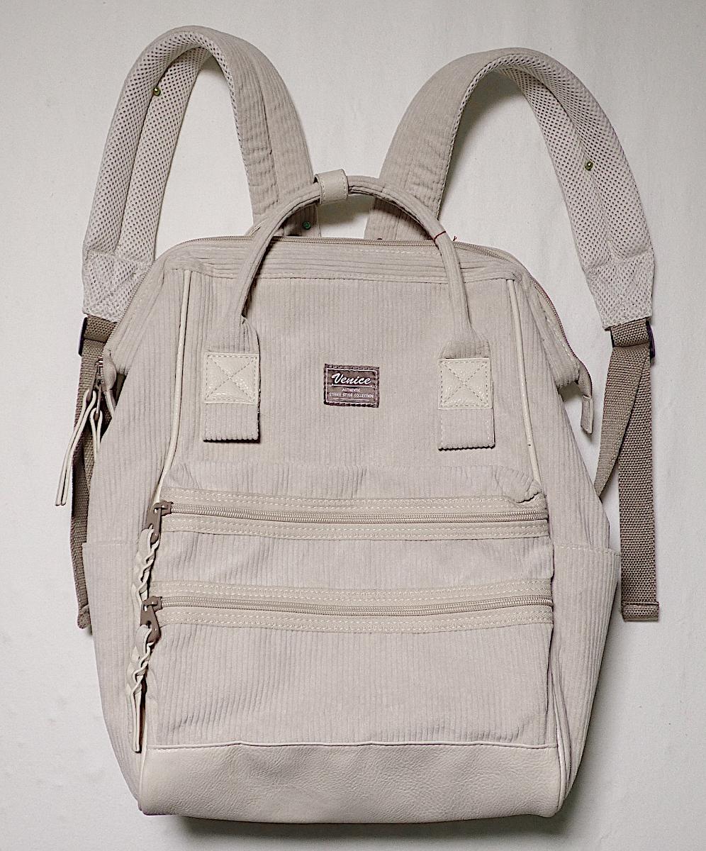 Rucksack, Foto siehe Anlage,
- mit einer flächenmäßig überwiegenden Außenseite aus Spinnstoffen (charakterbestimmend),
- am Bodenteil mit einer Außenseite aus Kunststofffolien,
- mit zwei gepolsterten, längenverstellbaren Rückentragegurten,
- mit zwei zusammenfassbaren Handtragegriffen,
- mit einem gepolsterten Rückenteil,
- an beiden Schmalseiten mit einem aufgesetzten, offenen Einsteckfach,
- an der Vorderseite mit zwei übereinander angeordneten, eingesetzten Reißverschlussfächern,
- das Hauptfach ist mit einem entlang des oberen Rands verlaufenden Reißverschluss versehen;
  durch zwei in den oberen Rand eingearbeitete Bügel aufklappbar,
- - gefüttert; innen mit zwei offenen Einsteckfächern und einem Reißverschlussfach ausgestattet,
- mit den Abmessungen: ca. 30 cm (Breite) x 40 cm (Höhe) x 16 cm (Tiefe),
- laut Antrag nicht handgearbeitet.

"Rucksack, mit Außenseite aus Spinnstoffen, nicht handgearbeitet"