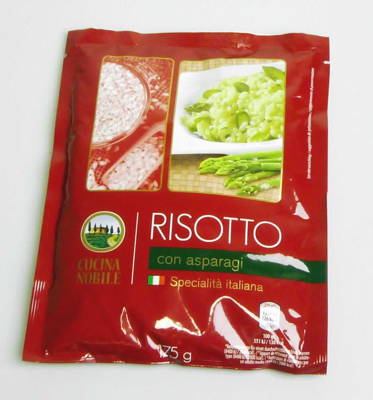 Risotto mit Spargel

Beschreibung des vorgelegten Warenmusters (in Originalumschließung):
Bedruckter Verbundschlauchfolienbeutel mit Angaben zum Erzeugnis (Getrocknetes Reisgericht mit Spargel; 
175 g), zu den Zutaten (siehe Feld 8) und zur Zubereitung (Beutelinhalt zu 550 ml kaltem Wasser geben, auf-
kochen lassen und ca. 15 Minuten garen, bis das Wasser vollständig aufgesogen ist); darin ein Gemisch aus 
Rundkornreis und einem hellbeigefarbenen, mit getrockneten Spargelstücken durchsetzten Pulver.

Getreide in Form von Körnern oder anders bearbeiteten Körnern, durch Mischen mit anderen Zutaten zubereitet, 
anderweit weder genannt noch inbegriffen, auf der Grundlage von Reis