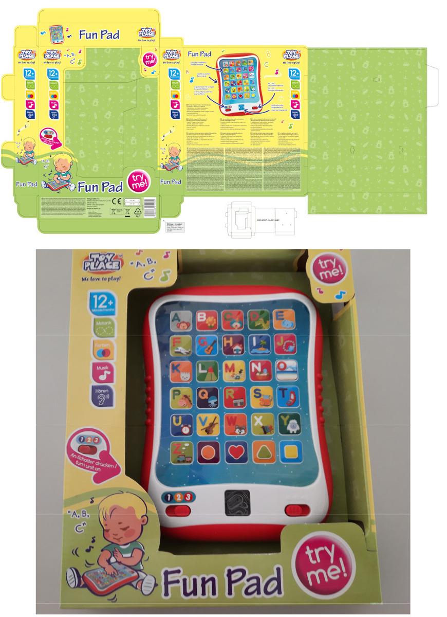 Tragbares, interaktives elektronisches Lernspielprodukt für Kleinkinder, sog. “Toy Place Fun Pad“
- in Form einer Nachbildung eines Tabletcomputers
- aus Kunststoff gefertigt, rechteckig in den Abmessungen von ca. 19 x 13,5 x 2,5 cm
- mit einem Ein- und Ausschalter mit zwei Lautstärkestufen, einem Schalter zum Einstellen drei verschiedener Spielmodi und einem blinkenden Feld für den Fingerabdruck
- auf dem „Display“ mit 30 Tasten (Buchstaben A - Z und ein Gegenstand, der mit dem Buchstaben anfängt sowie Kreis, Herz, Dreieck und Quadrat)
- je nach Stellung des Schalters, ertönt beim Drücken der Taste der Name des Buchstabens, des abgebildeten Gegenstandes oder ein passendes Geräusch
- mit einem Gewicht von weniger als 10 kg
- dient Kleinkindern dem spielerischen Erlernen von Buchstaben, Gegenständen und passender Geräusche
- in einem Showkarton für den Einzelverkauf aufgemacht.

Wird einige Zeit keine Taste betätigt, startet das Tablet ein Quiz und fragt Buchstaben, Gegenstände und Geräusche ab. Wird die richtige Taste gedrückt, ertönt eine Bestätigungsmelodie sowie ein Lob.

Die Ware ist als "Spielzeug, nicht von den Unterpositionen (KN) 9503 0010 bis 9503 0085 erfasst, tragbares, interaktives, elektronisches Lernspielprodukt, hauptsächlich konstruiert für Kinder" einzureihen.