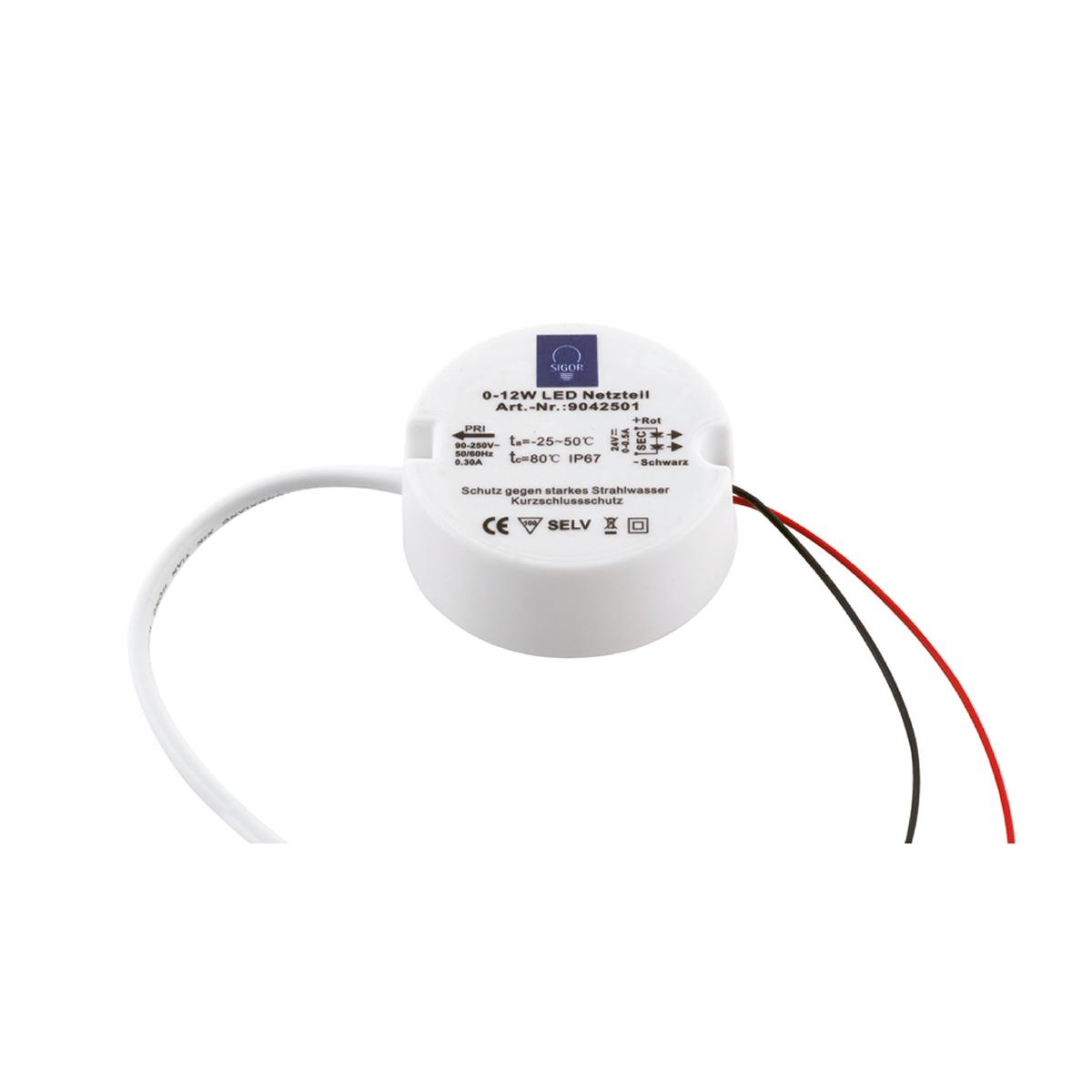 Elektrischer Gleichrichter, sog. "Netzteil Powerline Circular", bestehend aus einer mit aktiven und passiven Bauelementen bestückten gedruckten Schaltung in einem runden Kunststoffgehäuse (Durchmesser x Höhe: ca. 50 x 20 mm) mit fest angebrachten Anschlusskabeln, zum Umwandeln einer Eingangswechselspannung von 90-250 V in eine Ausgangsgleichspannung von 24 V / 12 W / 0,5 A, nicht dimmbar, zur Stromversorgung von LED-Beleuchtungen und zum Einbau in Unterputzdosen im Innen- oder Außenbereich.

Die Ware ist als "elektrischer Stromrichter, keine Ware der UPos. 8504 4060, Gleichrichter, nicht für zivile Luftfahrzeuge" einzureihen.