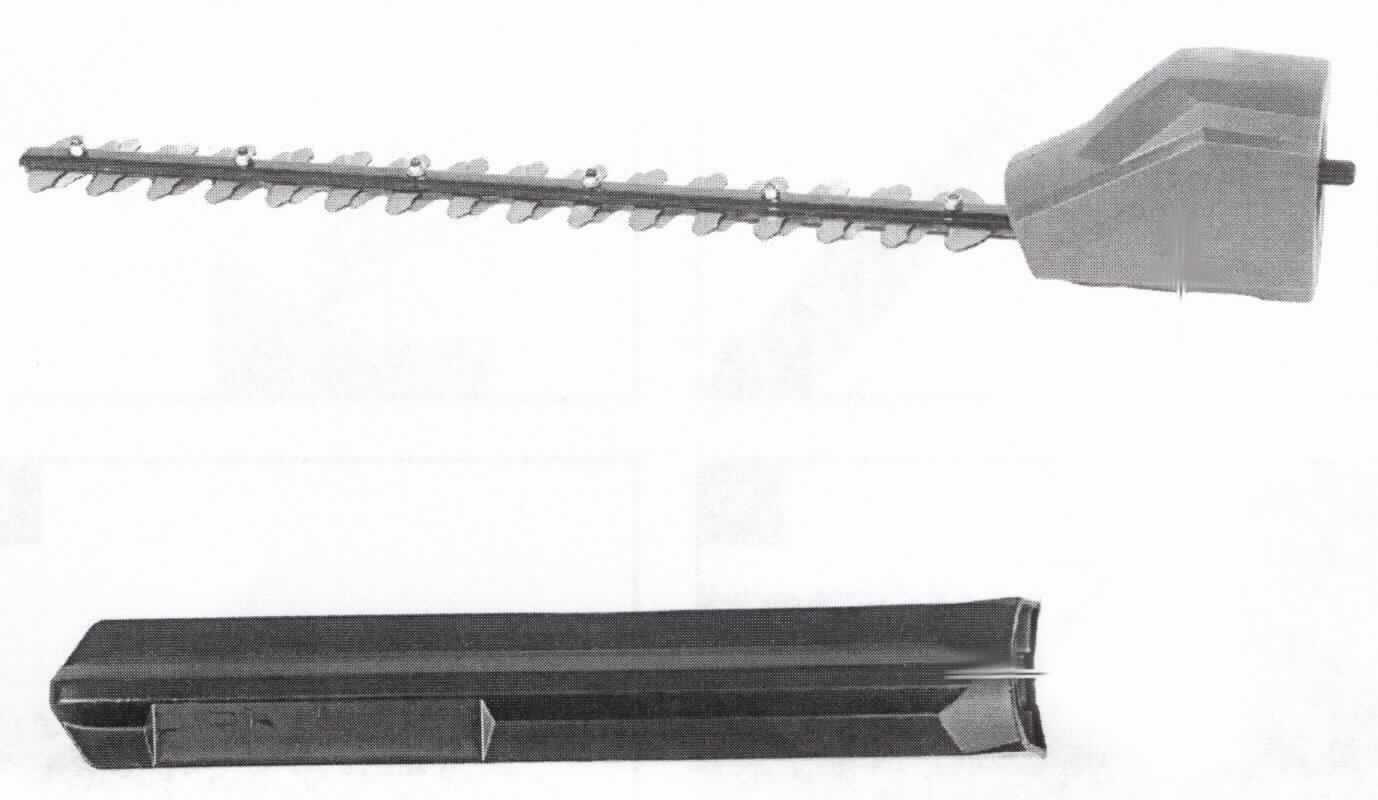 Heckenscheren-Anbausatz,
- in Form einer maschinenspezifischen Baugruppe aus Antriebseinheit sowie einem doppelseitig gezahnten 
  Messerbalken (Länge: 450 mm) -Abbildung siehe Anlage-,
- zur Verwendung als Anwendungsaufsatz (Heckenscherenaufsatz) bei einem von Hand zu führenden, 
  mittels Elektromotor betriebenen Werkzeugs,
- in einer gemeinsamen Verkaufsumschließung mit einem Messerschutz.
Der Heckenscheren-Anbausatz bestimmt den Charakter des Ganzen.

"Teil, erkennbar ausschließlich für ein von Hand zu führendes, von eingebautem Motor (elektrisch) betriebenes Werkzeug bestimmt, keine Ware der TARIC-Codes 8467 9100 00 bis 8467 9900 10 (Warenzusammenstellung in Aufmachung für den Einzelverkauf aus Heckenscheren-Aufsatz -charakterbestimmend- und Messerschutz) - Heckenscheren-Anbausatz"
