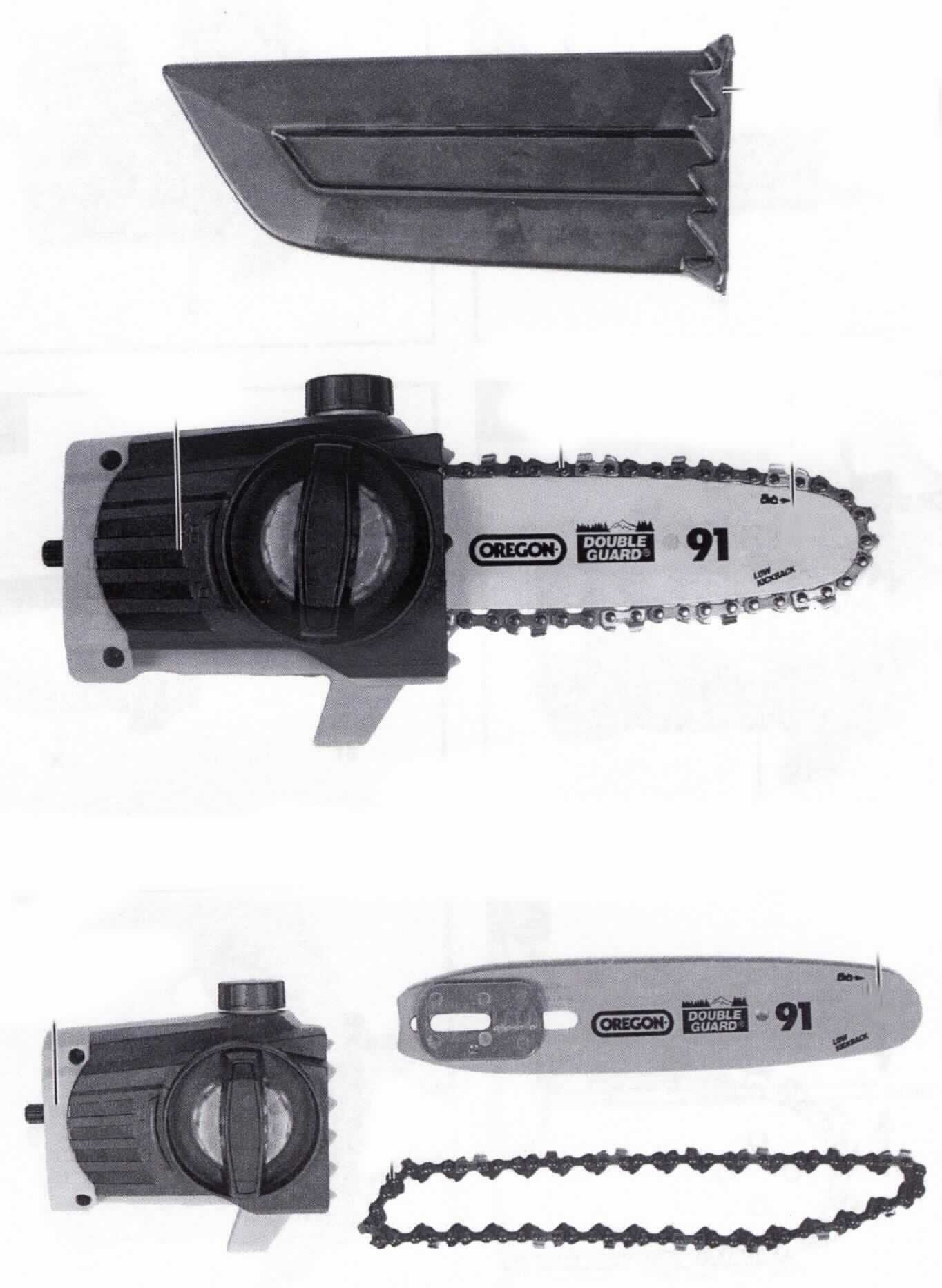Sog. Kettensägen-Anbausatz,
- in Form einer maschinenspezifischen Baugruppe aus Antriebseinheit, Schwert (Länge: 200 mm) und 
  Sägekette (Abbildung siehe Anlage),
- zur Verwendung als Anwendungsvorsatz (Hochentastervorsatz) bei einem von Hand zu führenden, mittels
  Elektromotor betriebenen Werkzeugs,
- in einer gemeinsamen Verkaufsumschließung mit Schwertschutz.
Der Kettensägen-Anbausatz bestimmt den Charakter des Ganzen.

"Teil, erkennbar ausschließlich für ein von Hand zu führendes, von eingebautem Motor (elektrisch) betriebenes Werkzeug bestimmt, keine Ware der TARIC-Codes 8467 9100 00 bis 8467 9900 10 (Warenzusammenstellung in Aufmachung für den Einzelverkauf aus Kettensägen-Anbausatz und Schwertschutz) - Kettensägen-Anbausatz"