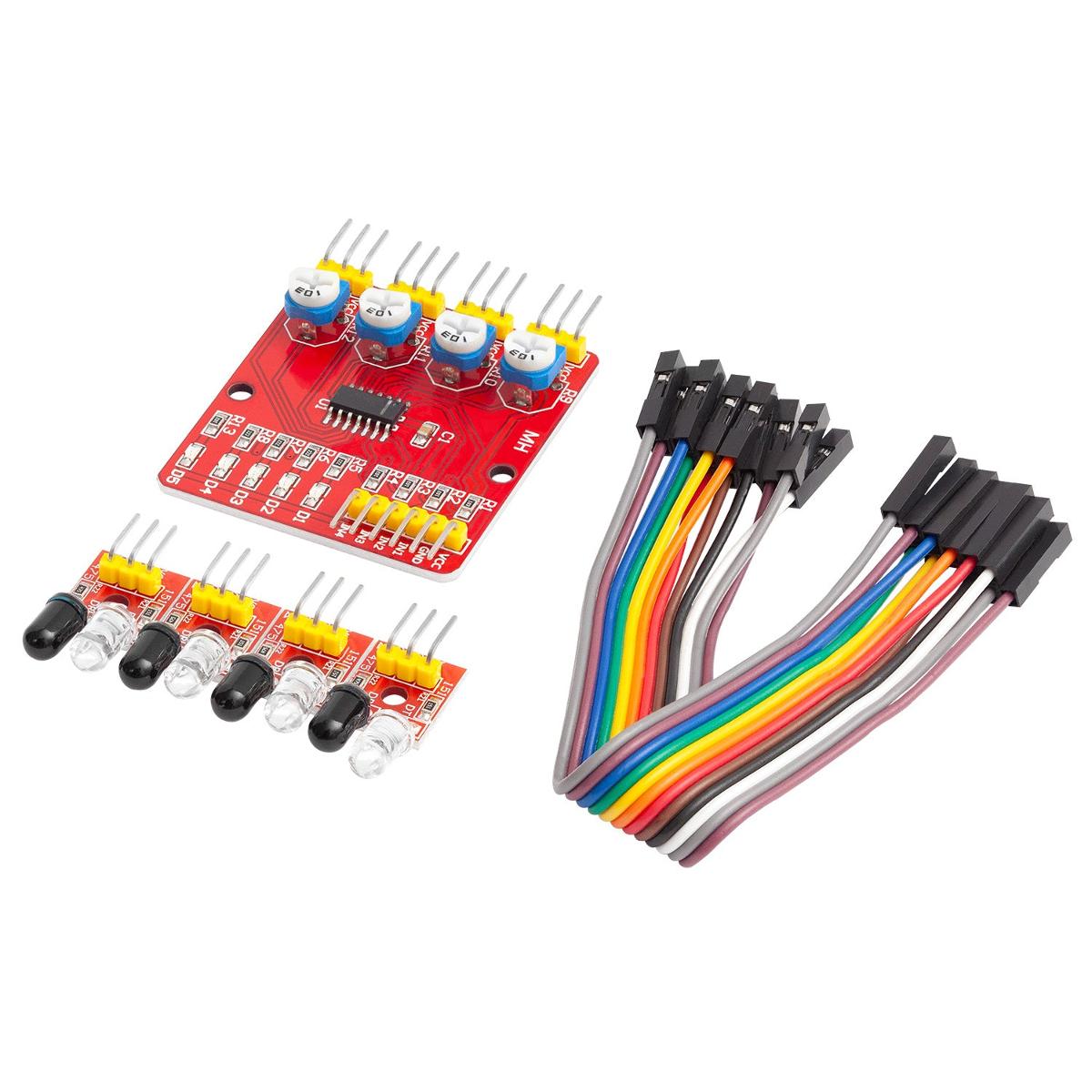 4-Kanal-Hindernissensor in Form einer funktionellen Einheit, im Wesentlichen bestehend aus einer mit vier Infrarotsender und vier Infrarotempfänger bestückten Sensorplatine (ca. 25 x 25 x 12 mm) mit zwölf Kontaktstiften, über Kabel verbunden mit einer Hauptplatine (ca. 42 x 38 x 12 mm), welche mit einer elektronischen integrierten Schaltung, vier Potentiometern, zwei Kontaktleisten (zwölf und sechs Kontakte), einer Status-LED sowie weiteren Bauelementen bestückt ist (siehe Abbildung in der Anlage). Die Hauptplatine muss vor Beginn der Messung mit der Sensorplatine und dem Anschlusskabel verbunden werden (noch nicht zusammengesetztes Gerät). Die von den Sendern emittierte Strahlung wird von Messobjekten reflektiert und von den Empfängern aufgenommen. Die Empfangsdistanz (1 - 600 mm) kann über die Potentiometer justiert werden. Das Modul ist als Hindernissensor einsetzbar.
Die Ware wird als "optisches Gerät zum Messen oder Prüfen, in Kapitel 90 anderweit weder genannt noch inbegriffen, anderes als in Unterposition (HS) 9031 10 bis 9031 41 genannt, kein Profilprojektor" eingereiht.