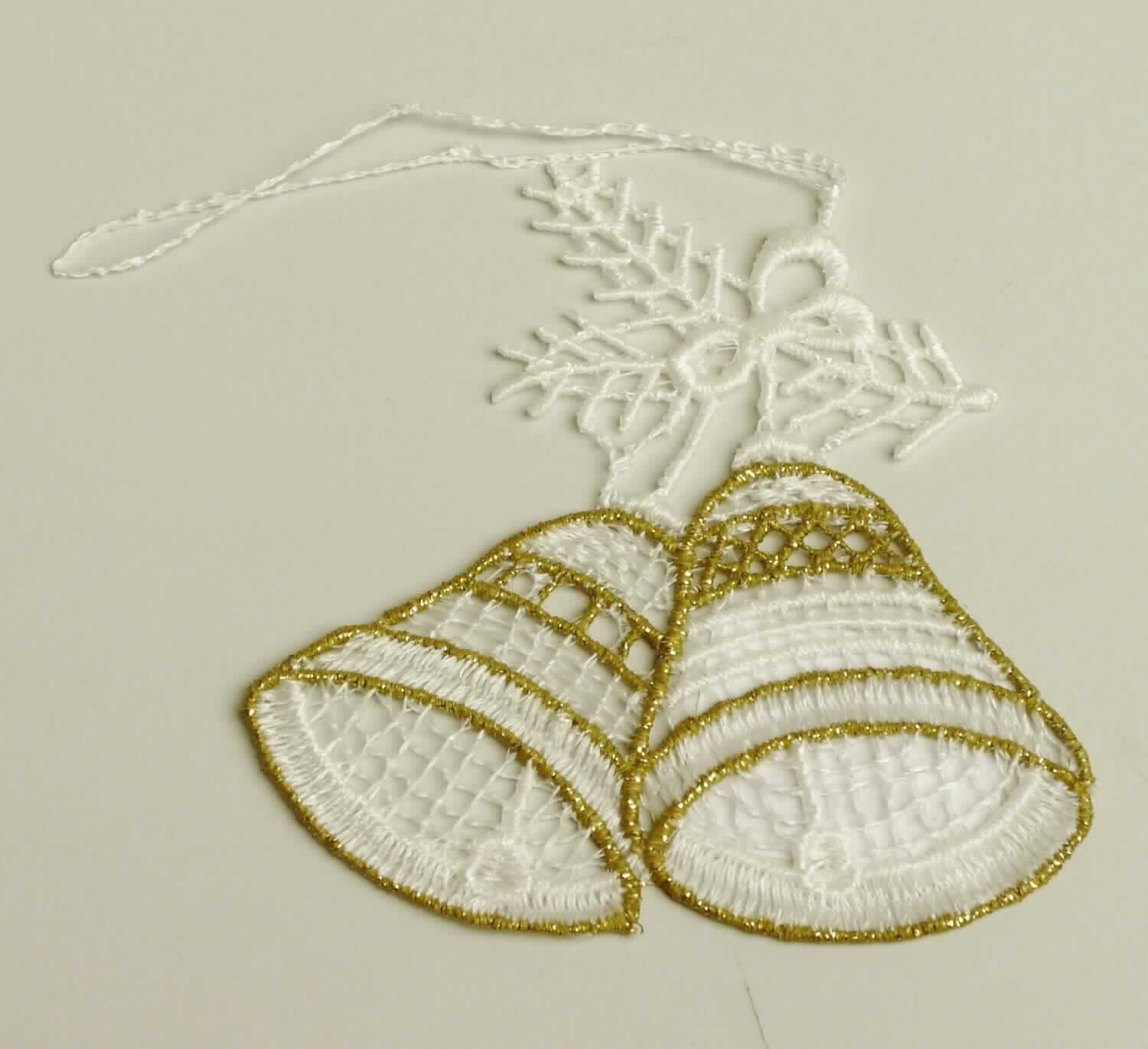 Stickerei, sog. Fensterbild aus Spinnstoff, Foto siehe Anlage,
- in Form von zwei Glocken,
- in den Abmessungen von ca. 7 cm x 8 cm,
- laut Untersuchungsergebnis:
-- maschinelle Ätzstickerei als Motiv mit Stickfäden aus gewichtsmäßig überwiegend synthetischen Chemiefasern
   (laut Antrag Polyester) und metallisierten Garnen der Position 5605,
- mit einer aus der Stickerei herausgearbeiteten Aufhängevorrichtung,
- laut Antrag mit einem Wert von mehr als 35 EUR je kg Eigengewicht,
- ohne Hinweise auf Handarbeit,
- stellt sich - unabhängig von der Ausgestaltung - als Winterartikel dar, der vor allem zur Dekoration in der
  Winterzeit verwendet wird (somit keine Ware der Position 9505).

"Ätzstickerei als Motiv, mit einem Wert von mehr als 35 EUR je kg Eigengewicht, nicht handgearbeitet"