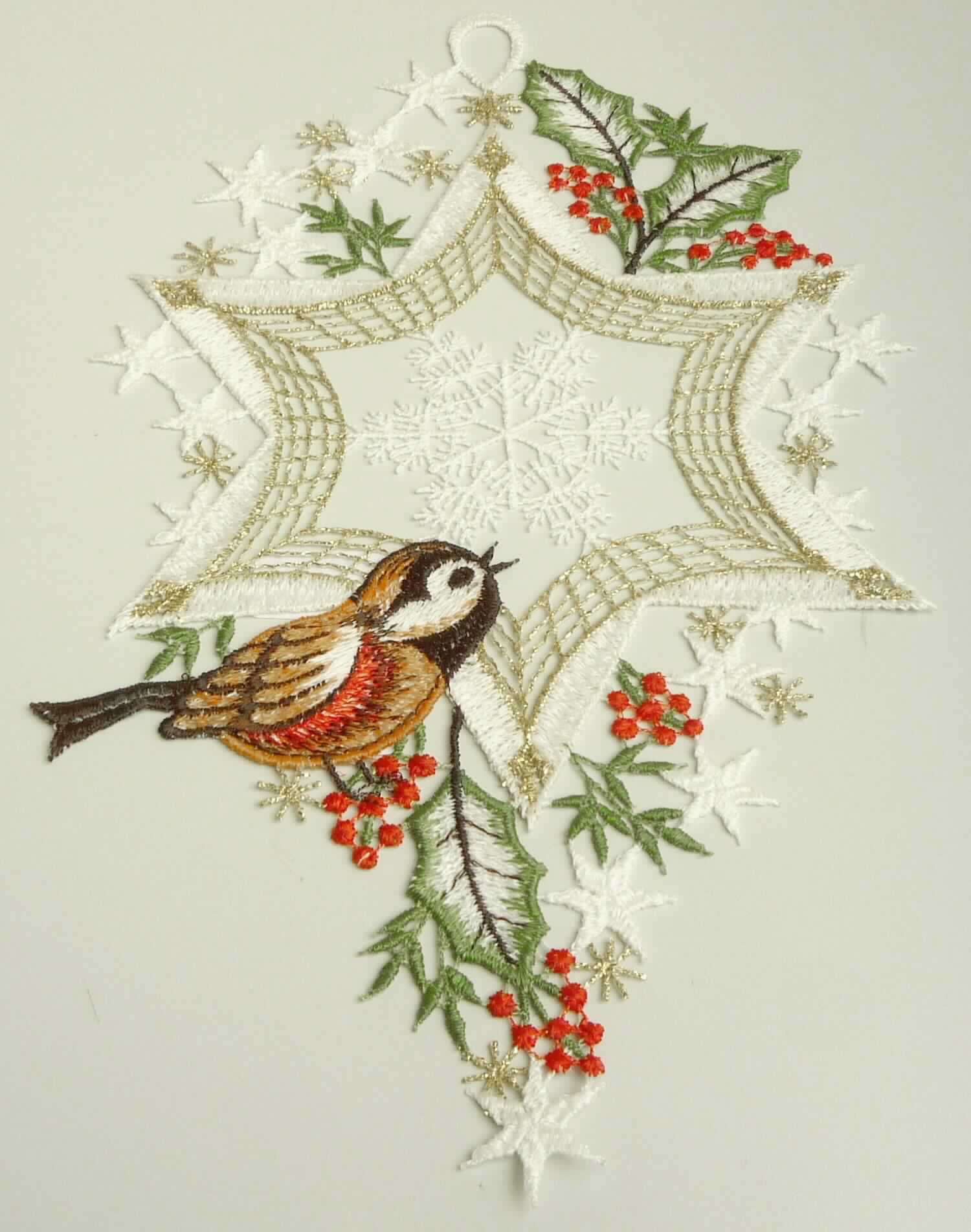 Stickerei, sog. Fensterbild aus Spinnstoff, Stern mit Vogel, Foto siehe Anlage,
- u. a. sternförmig und mit einem Vogel versehen,
- in den Abmessungen von ca. 26 cm x 15 cm,
- laut Untersuchungsergebnis:
-- maschinelle Ätzstickerei als Motiv mit Stickfäden aus gewichtsmäßig überwiegend synthetischen Chemiefasern
   (laut Antrag Polyester) und metallisierten Garnen der Position 5605,
- mit einer aus der Stickerei herausgearbeiteten Aufhängevorrichtung,
- laut Antrag mit einem Wert von mehr als 35 EUR je kg Eigengewicht,
- ohne Hinweise auf Handarbeit,
- stellt sich - unabhängig von der Ausgestaltung - als Winterartikel dar, der vor allem zur Dekoration in der
  Winterzeit verwendet wird (somit keine Ware der Position 9505).

"Ätzstickerei als Motiv, mit einem Wert von mehr als 35 EUR je kg Eigengewicht, nicht handgearbeitet"