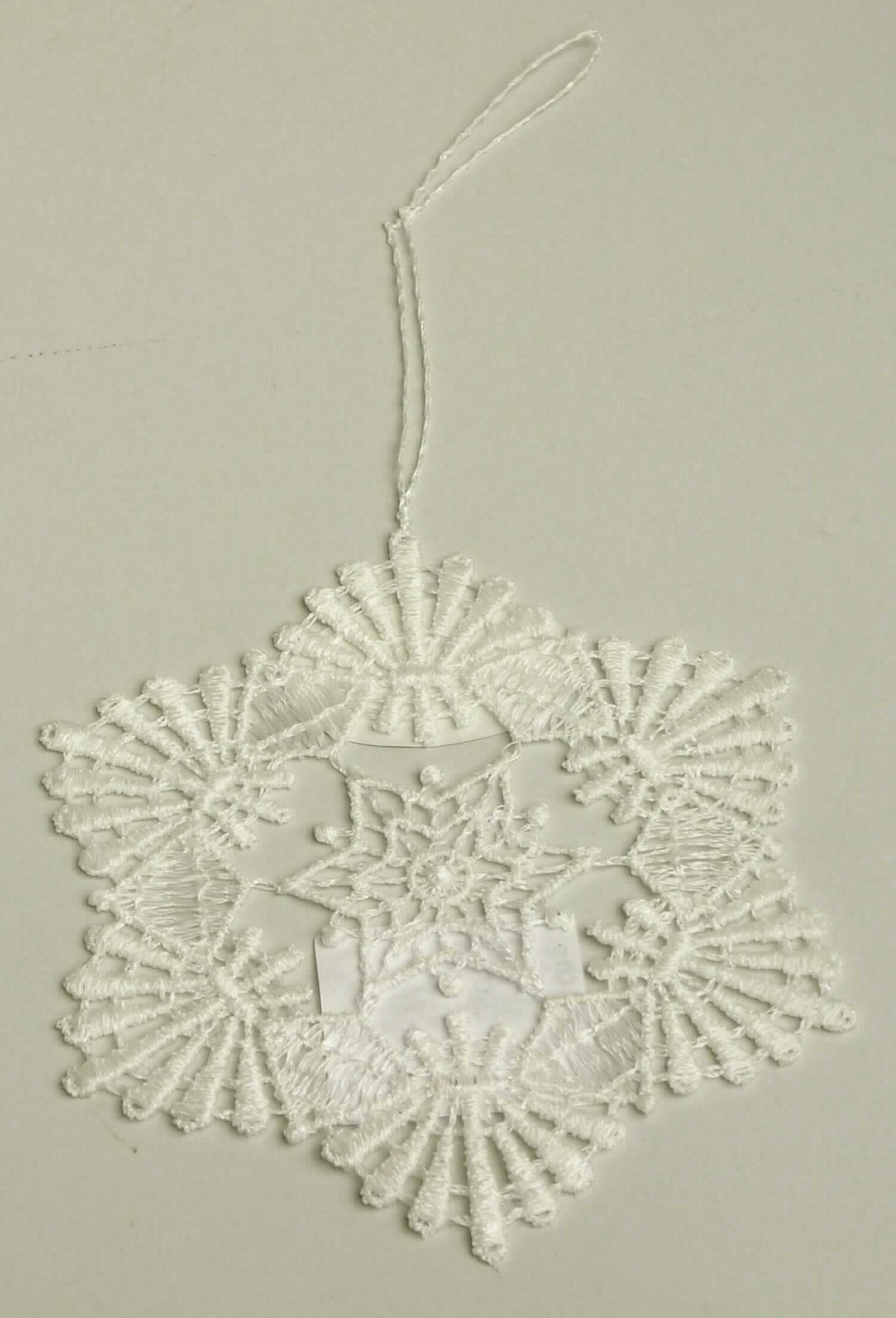Stickerei, sog. Aufhänger aus Spinnstoff, Foto siehe Anlage,
- sternförmig,
- in den Abmessungen von ca. 8 cm x 8 cm,
- laut Untersuchungsergebnis:
-- maschinelle Ätzstickerei als Motiv mit Stickfäden aus laut Antrag 100 % Polyester (synthetischen Chemiefasern),
- mit einer aus der Stickerei herausgearbeiteten Aufhängevorrichtung,
- laut Antrag mit einem Wert von mehr als 35 EUR je kg Eigengewicht,
- ohne Hinweise auf Handarbeit,
- stellt sich - unabhängig von der Ausgestaltung - als Winterartikel dar, der vor allem zur Dekoration in der
  Winterzeit verwendet wird (somit keine Ware der Position 9505).

"Ätzstickerei als Motiv, mit einem Wert von mehr als 35 EUR je kg Eigengewicht, nicht handgearbeitet"