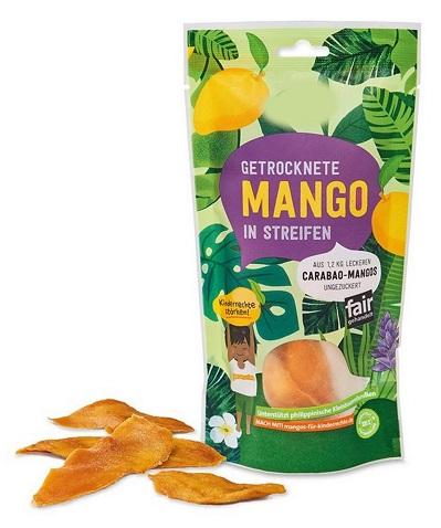 Mangostreifen, getrocknet, ungezuckert, ungeschwefelt.

Mehrfarbig bedruckter Original-Kunststoffbeutel (100 g) mit Produktbezeichnung und Nährwert-
angaben. Inhalt: Bis zu 10 cm lange, 2 bis 4 cm breite und ca. 2 mm dicke, orangebraune Streifen 
von getrockneten Früchten; Geschmack fruchtig, getrockneter Mango entsprechend, süß.

Mangofrüchte, getrocknet.