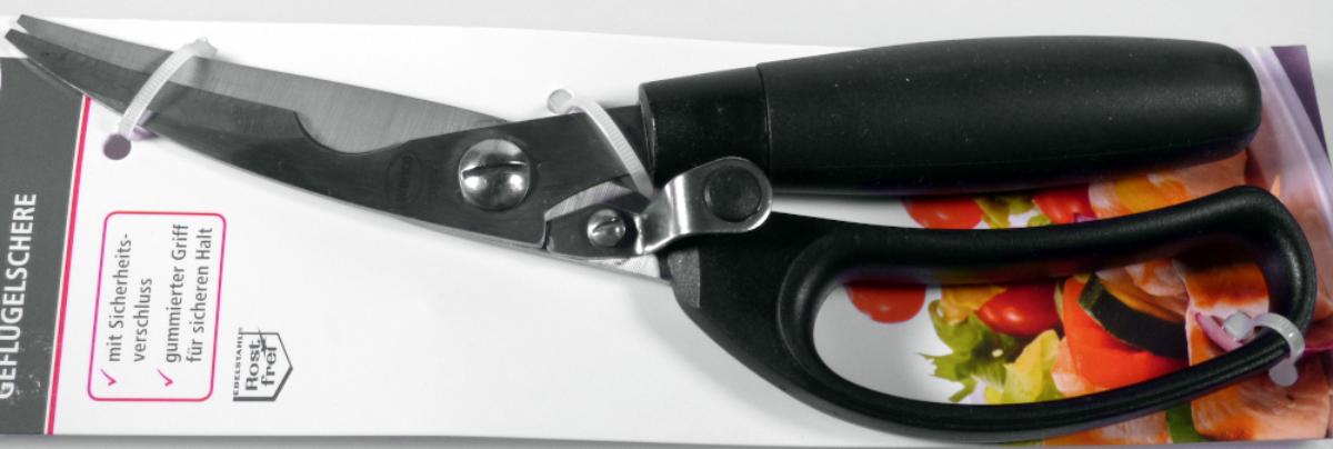 Geflügelschere

- mit einer Hand zu betätigende Schere mit einem konkaven und einem konvexen Scherenblatt
  aus nicht rostendem Stahl (arbeitender Teil), die sich um einen Stift bewegen und zwei
  Griffen aus Kunststoff, von denen der untere mit einer Öffnung zum Durchstecken der
  4 Finger (ohne Daumen) für eine optimale Kraftübertragung ausgestattet ist

- das konkave Scherenblatt ist mit einer Einkerbung zum Brechen von Knochen versehen

- mit einer Feder ausgestattet, wodurch sich die Scherenarme selbsttätig öffnen

- mit einer Arretierung aus nicht rostendem Stahl versehen, die ein leichtes Öffnen und
  Schließen mit einer Hand ermöglicht

- mit einer Länge von ca. 24 cm

- auf einer Pappkarte mit produktbezogenen Hinweisen für den Einzelverkauf aufgemacht

Abbildung siehe Anlage.

Derartige Erzeugnisse gehören als "Geflügelschere, mit arbeitendem Teil aus unedlem Metall" zur Codenummer 8201 5000 00 0 des Zolltarifs.