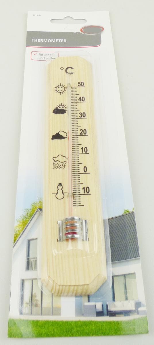 Sog. Thermometer, im Wesentlichen bestehend aus einem ca. 25,5 x 5,5 cm - L x B großen Holzstreifen, mit rückseitiger Aufhängevorrichtung in Form einer Metallöse und einer Temperaturskala von - 15° bis + 50°C bzw. kleinen Witterungsbildern, auf dem mittig ein mit Flüssigkeit gefülltes Röhrchen angebracht ist.
Das Thermometer dient üblicherweise zum Messen der Temperatur der Umgebungsluft und wird somit im Innen- sowie im Außenbereich verwendet.
Zur äußeren Form siehe Abbildung in der Anlage.
Die in einer Blisterverpackung aufgemachte Ware wird als "Thermometer, nicht mit anderen Instrumenten kombiniert, unmittelbar ablesbar, flüssigkeitsgefüllt, kein Fieberthermometer, andere als für zivile Luftfahrzeuge“ eingereiht.