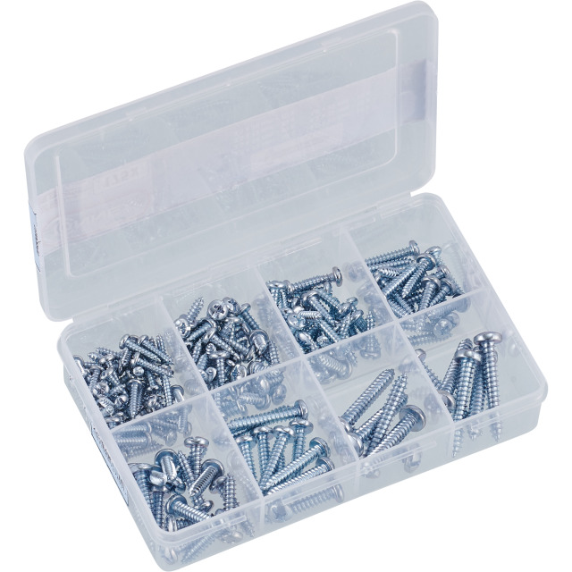 Es handelt sich um Sets aus insgesamt 175 Stück Schrauben aus verzinktem Stahl (kein nicht rostender Stahl) mit Linsenkopf mit Kreuzschlitz und mit einem bis zum Kopf reichenden, selbstformenden Blechschraubengewinde mit spitzem Gewindeende.
Die Schrauben weisen unterschiedliche Abmessungen auf und sind nach Größe sortiert in einer achtfach unterteilten, etikettierten Kunststoffbox mit Klappdeckel verpackt.
Abmessungen (Gewindedurchmesser x Länge): 2,8 x 12 mm, 3,5 x 10 mm, 3,5 x 12 mm, 3,5 x 20 mm, 4,2 x 20 mm, 4,2 x 25 mm und 4,8 x 32 mm.
- Antragstellerangaben -

Abbildung siehe Anlage.

Derartige Erzeugnisse gehören als "andere gewindeformende Schrauben (Blechschrauben) aus Stahl (kein nicht rostender Stahl)" zum TARIC-Code 7318 14 91 90.