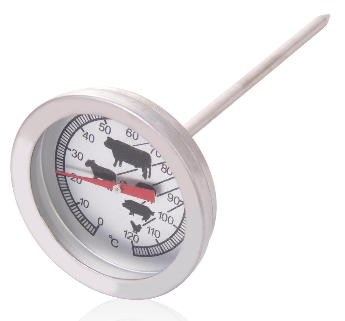 Sog. Bratenthermometer (Art.-Nr. 515 467), im Wesentlichen bestehend aus einem Gehäuse aus Edelstahl, einer runden Messanzeige (Ø ca. 5,5 cm) mit einer Skala von 0°C bis 120°C und einem daran befestigten Einstich-Dorn (Länge ca. 11 cm) mit einem Messfühler zur Temperaturmessung, ebenfalls aus Edelstahl. Das Thermometer wird mit der Spitze in das Fleisch gesteckt und dient dort zum Messen der Fleischkerntemperatur während des Garvorgangs. Durch die Symbole und Markierungen wird der optimale Gargrad für Rind, Kalb, Lamm, Schwein und Geflügel angezeigt.

Zur äußeren Form siehe Abbildung in der Anlage.

Die Ware wird als "Thermometer, nicht mit anderen Instrumenten der Position 9025 kombiniert, weder flüssigkeitsgefüllt noch für zivile Luftfahrzeuge bestimmt" eingereiht.