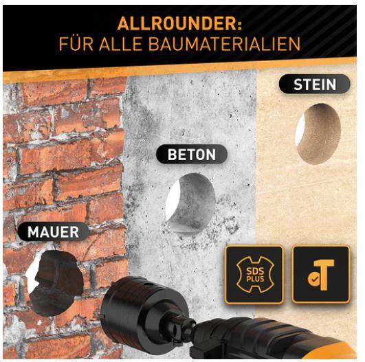 "SDS-Plus-Bohrkronensatz"
 
- Bohrkrone aus Stahl (41Cr4), mit sechs darin eingesetzten
  Zähnen aus Cermets (Wolframcarbid mit Cobalt als Bindemittel),
  mit einem 4-schneidigen Zentrierbohrer mit arbeitendem Teil aus
  Cermets (siehe oben) und einem SDS-Werkzeugaufnahmeschaft
 
- in unterschiedlichen Durchmessern (68 mm und 82 mm)
 
- zum Bohren von Löchern für Unterputzdosen in Wänden aus
  unterschiedlichen Stoffen (Mauersteinen, Stein, Beton usw.)
 
- jeweils eine Bohrkrone in einem bedruckten Karton für den Einzelverkauf
  verpackt

Abbildungen siehe Anlagen.

Derartige Erzeugnisse gehören als "auswechselbare Bohrwerkzeuge zur Verwendung in mechanischen oder nicht mechanischen Handwerkzeugen oder in Werkzeugmaschinen, Mauerbohrer, mit arbeitendem Teil aus Cermets" zur Codenummer 8207 5030 00 0 des Zolltarifs.