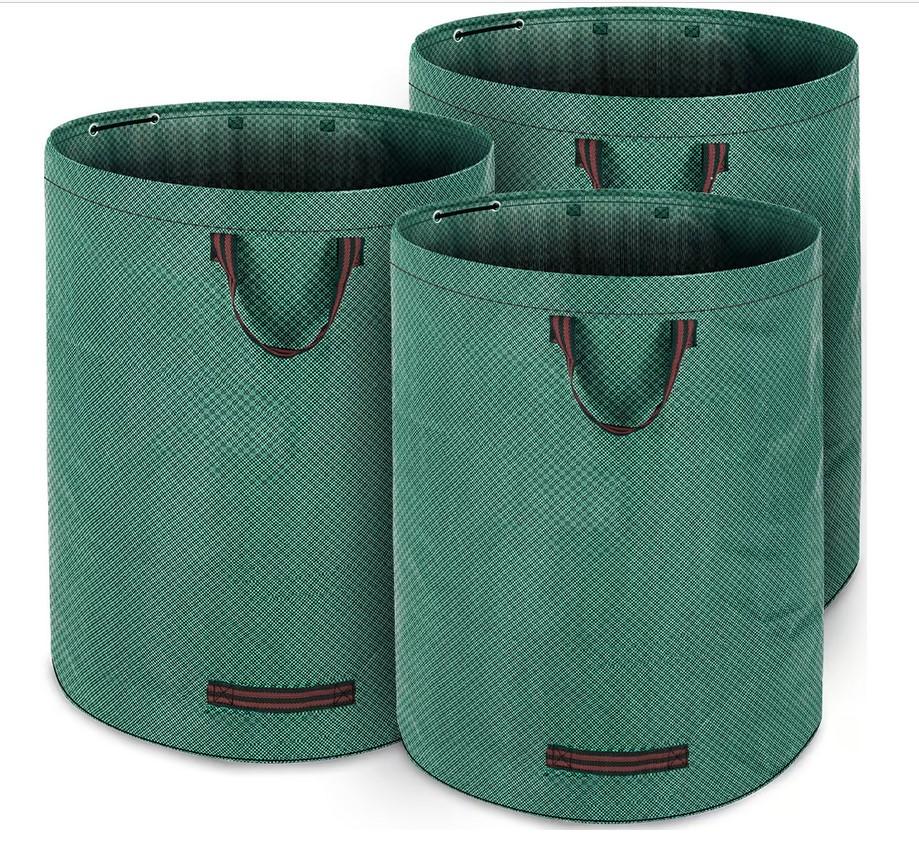 Gartenabfallsäcke, Foto siehe Anlage,
- drei Stück in einem Polybeutel verpackt,
- jeweils zylinderförmig, oben offen; laut Antrag mit einem Durchmesser von 67 cm und einer Höhe 
  von 77 cm,
- aus ca. 0﻿,﻿1 mm dicken, buntgewebten, beidseitig mit einer Kunststofffolie (kein Zellkunststoff) 
  laminierten Geweben aus Streifen aus laut Antrag Polyethylen (synthetische Spinnmasse) mit 
  einer augenscheinlichen Breite von weniger als 5 mm,
- mit drei Griffen (zwei oben, einer unten) aus Geweben aus Spinnstoffen,
- am oberen Rand mit zwei Ösen aus unedlem Metall, durch die eine beiliegende Kunststoffleiste 
  zur Stabilisierung eingeschoben werden kann,
- durch Zusammennähen konfektioniert,
- ohne Hinweise auf Handarbeit,
- dient als Gartenabfallsack; erfüllt nicht die Bedingungen zur Einreihung in die Position 6305,
- stellt sich nicht als Behältnis der Position 4202 dar, da die Ware weder namentlich im Positions-
  wortlaut genannt noch einem der dort genannten Behältnisse ähnlich ist.

"Andere konfektionierte Waren (Gartenabfallsäcke), aus Spinnstoffen, aus Geweben, nicht 
 handgearbeitet"