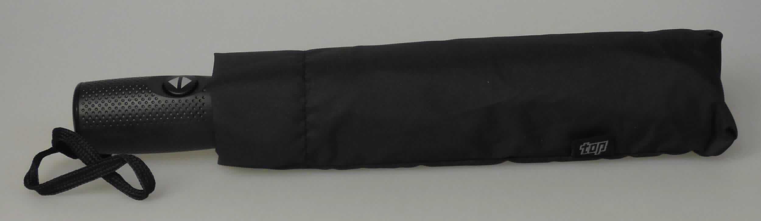 Regenschirm, sog. Automatik Taschenschirm, Fotos siehe Anlage, 
- mit einem Teleskopauszug,  
- zusammengeschoben mit einer Länge von ca. 30 cm, 
- aufgespannt mit einer Länge von ca. 60 cm und einem Durchmesser von ca. 104 cm,
- mit einem Bezug aus Spinnstoffgeweben, 
- mit einem Gestell aus unedlem Metall,
- mit einem Griffstück aus Kunststoff, 
- mit einer Trageschlaufe, 
- zum wirksamen Schutz gegen den Regen, 
- mit einer übergezogenen Schutzhülle in einer Pappschachtel verpackt. 

"Regenschirm, mit Teleskopauszug"