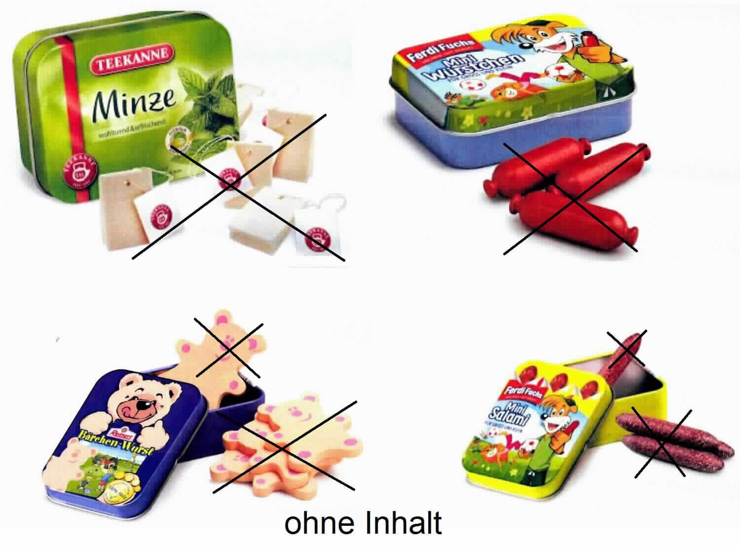 Es handelt sich um in etwa quaderförmige Dosen aus etwa 0,3 mm dickem Stahlblech (Weißblech lt. Antragsteller). Die abnehmbaren Deckel sind auf der Außenseite vollständig mit Farbe versehen und mit Motiven und Schriftzügen unterschiedlicher Hersteller von Lebensmitteln bedruckt. Auf dem Boden der Erzeugnisse befinden sich detaillierte Verbraucherinformationen zum Inhalt (u. a. Menge, Händler und Barcode). Die Erzeugnisse dienen als Verkaufsverpackung von Miniaturnachbildungen aus Holz von Lebensmitteln (nicht Gegenstand dieser vZTA), mit denen sie nach der Einfuhr befüllt und als Kaufladenzubehör vertrieben werden.
Abmessungen (Länge x Breite x Höhe): etwa 7,5 x 6 x 2,5 cm.

Beispielhafte Abbildung siehe Anlage.

Derartige Erzeugnisse gehören als "andere Dosen aus Stahl, für Stoffe aller Art (ausgenommen verdichtete oder verflüssigte Gase), mit einem Fassungsvermögen von weniger als 50 l, ohne mechanische oder wärmetechnische Einrichtungen, mit einer Wanddicke von weniger als 0,5 mm" zum TARIC-Code 7310 29 10 00.

Nicht Position 9503, da die Dosen erst nach der Einfuhr mit Spielzeug befüllt werden und selbst keine Nachbildungen von Verpackungen darstellen.