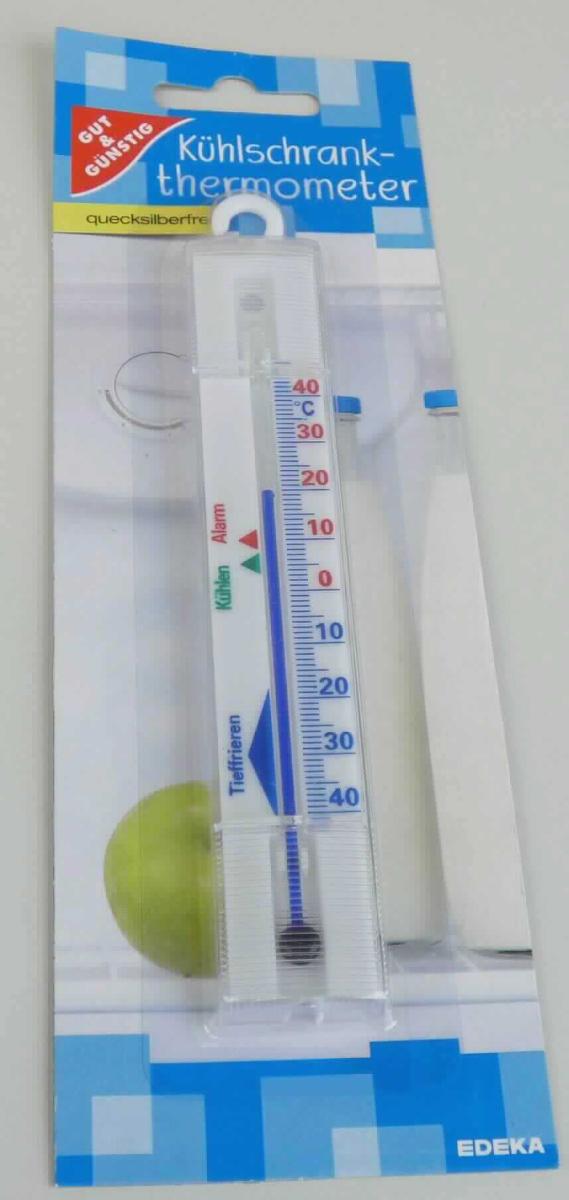Sog. Kühlschrankthermometer (010-GG), im Wesentlichen bestehend aus einem länglichen, auf der Vorderseite klarsichtigen Kunststoffkörper (Abmessungen ca. 13,7 x 2,8 x 0,9 cm) mit Aufhängevorrichtung, der im Inneren mit einem mit Flüssigkeit gefüllten Röhrchen und einer Temperaturskala von - 43 bis + 44 Grad Celsius sowie einer Unterteilung in "Tieffrieren", "Kühlen" und "Alarm" versehen ist. 
Das nicht mit anderen Instrumenten kombinierte Thermometer wird üblicherweise zum Messen der Temperatur in Kühlschränken verwendet.

Zur äüßeren Form siehe Abbildung in der Anlage.

Die in einer Blisterverpackung aufgemachte Ware wird als  "Thermometer, nicht mit anderen Instrumenten kombiniert, unmittelbar ablesbar, flüssigkeitsgefüllt, kein Fieberthermometer, nicht für zivile Luftfahrzeuge" eingereiht.