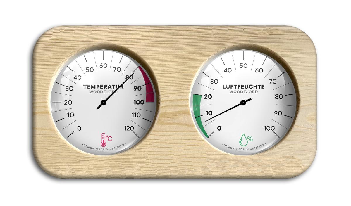 Sog. Saunathermometer und -hygrometer aus Kiefernholz, im Wesentlichen bestehend aus einem flachen quaderförmigen Erzeugnis aus Kiefernholz (26 x 14 x 3 cm) mit zwei kreisrunden Aussparungen in die je ein analoges Thermometer und ein analoges Hygrometer (Ø je ca. 95 mm), beide aus unedlem Metall, mit Bimetall-Spiralfeder, Skala, Zeiger und Glasabdeckung ausgestattet, eingelassen sind (zur äußeren Form siehe Abbildung in der Anlage).
Der ablesbare Temperatur-Messbereich des Thermometers beträgt 0- und 120 °C, wobei der Sauna-Messbereich (80- 100 °C) rot gekennzeichnet ist. Beim Hygrometer beträgt der ablesbare Messbereich für die relative Luftfeuchtigkeit 0- 100 %, hier ist der Sauna-Messbereich (0- 20 %) grün gekennzeichnet.
Die Ware dient dem Messen der Temperatur und der relativen Luftfeuchtigkeit in Saunen.

Die Ware wird als "Thermometer, kombiniert mit einem Hygrometer, anders als von den Unterpositionen (KN) 9025 1120 bis 9025 8040 erfasst" eingereiht.