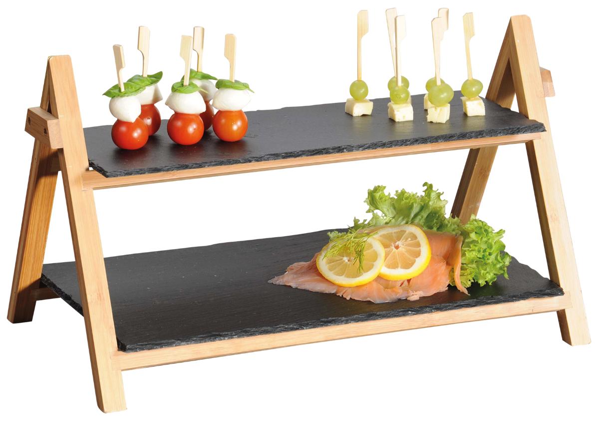 Angaben:
Etagere, 2-stöckig; Farbe: Schiefer / lackiert; Material: Servierplatten aus Schiefer (lackiert) / Gestell aus Bambus (lackiert); Maße obere Platte: 36,5 x 13 cm; Maße untere Platte: 36,5 x 24 cm; Maße gesamt: 45 x 27 cm / Höhe: 24 cm; zum Servieren von Häppchen, Gebäck, Obst usw.

Befund:
Bearbeiteter Tonschiefer und Waren aus Tonschiefer oder aus Pressschiefer.