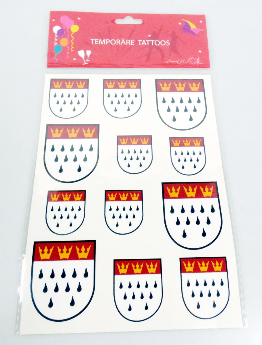 Temporäre Tattoos für den Körper:

Es handelt sich um Motivsticker (das Wappen der Stadt Köln symbolisierend), bestehend aus einer selbstklebenden Kunststofffolie, die auf der Schauseite mit verschiedenfarbigen auf die Haut übergehenden u.a. Steine und Kronen darstellende Motive verziert ist. Die Motivsticker sind auf einer rechteckig zugeschnittenen und bedruckten Unterlage aufgebracht. Die Erzeugnisse werden als Körperschmuck (sog. Tattoos) auf die Haut geklebt. Sie sind in Kunststofffolie verpackt.
Abbildung siehe Anlage.
Eine Einreihung in die Position 4908 kommt nicht in Betracht, da die Erzeugnisse sich zolltarifrechtlich nicht als Abziehbilder, sondern als Schmuckwaren darstellen.  Derartige Erzeugnisse gehören als "anderer Fantasieschmuck, nicht aus unedlen Metallen" zur Codenummer 7117 9000 00 0 des Zolltarifs.