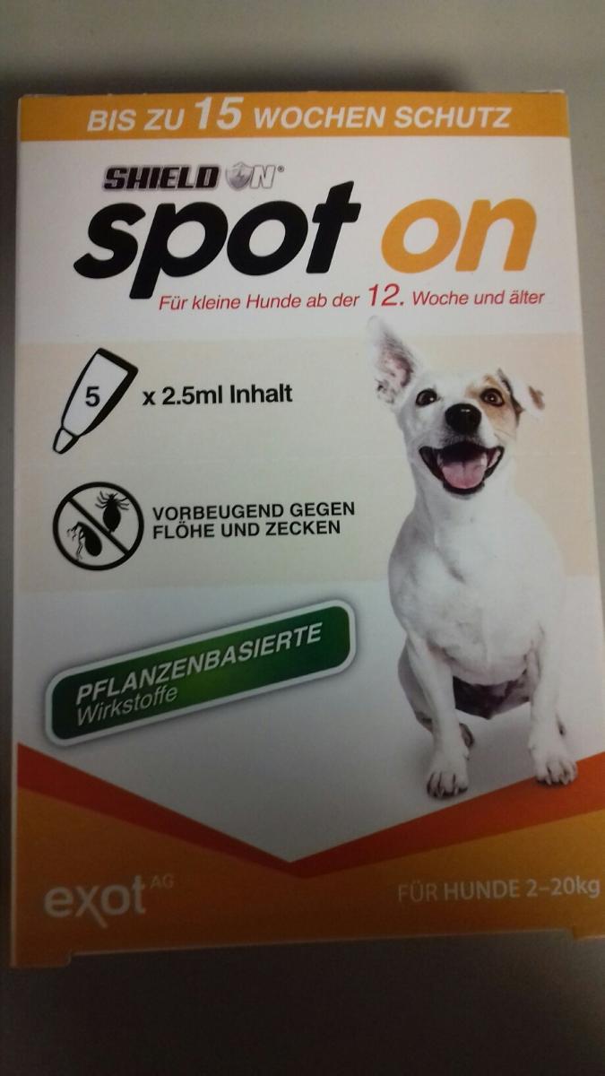 Angaben:
Spot on - Anti-Insekten Fluid zur Vorbeugung gegen Flöhe und Zecken bei Hunden. Wirkstoffe: 0,05% Eucalyptus Citriodora Öl hydratisiert, cyclisiert, 0,05% Geraniol. Verpackungseinheit: 5 x 2,5 ml Pipetten.

Befund:
Insektizide, andere.