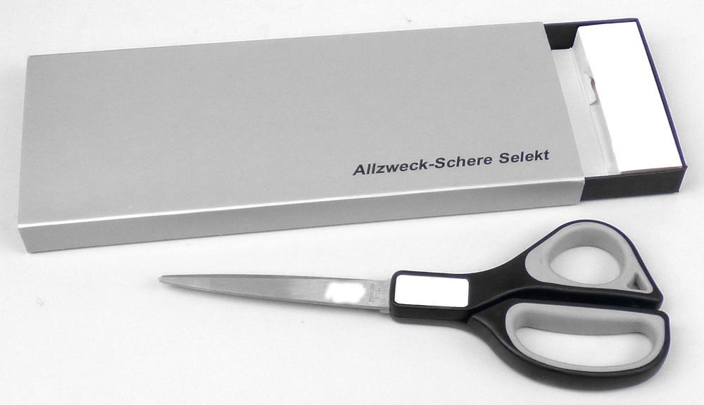 "Allzweckschere"

-  mit freiem Arm zu handhabendes Erzeugnis

- aus zwei um einen Stift x-förmig beweglich gelagerten Scherenblättern aus unedlem
  Metall, die mit zwei Griffschalen aus Kunststoff verbunden sind

- zur leichteren Handhabung an den Enden der Griffschalen jeweils zu einer Öse
  zum Durchstecken des Daumens oder eines anderen Fingers ausgearbeitet

- in einer Einzel-Geschenk-Verpackung aus Pappe aufgemacht

Abbildung siehe Anlage.

Derartige Erzeugnisse gehören als "Scheren, mit arbeitendem Teil aus unedlem Metall" zur Codenummer 8213 0000 00 0 des Zolltarifs.