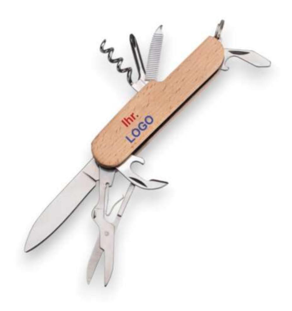 "Taschenmesser"

aus verschiedenen Bestandteilen zusammengesetzte Ware, bestehend aus

- einem Klappmesser (Taschenmesser; charakterbestimmend) mit schneidender Klinge aus Stahl und
  Griffschalen aus Holz, in die gemeinsam unlösbar eine Schere, ein Dosenöffner, ein Korkenzieher,
  eine Feile, ein Kreuzschlitzschraubendreher sowie ein Flaschenöffner (jeweils aus unedlem Metall)
  eingesetzt sind

- einem an den Griffschalen angebrachten Schlüsselring aus unedlem Metall

- gemeinsam in einem speziell zur Aufnahme der o. g. Erzeugnisse gestalteten und zum dauernden
  Gebrauch geeigneten bedruckten Pappbox mit Schaumstoffeinlage aufgemacht

Abbildung siehe Anlage.

Derartige Erzeugnisse gehören als "Messer mit schneidender, nicht feststehender Klinge aus unedlem
Metall, kein Messer der Pos. 8208" zur Codenummer 8211 9300 00 0 des Zolltarifs.