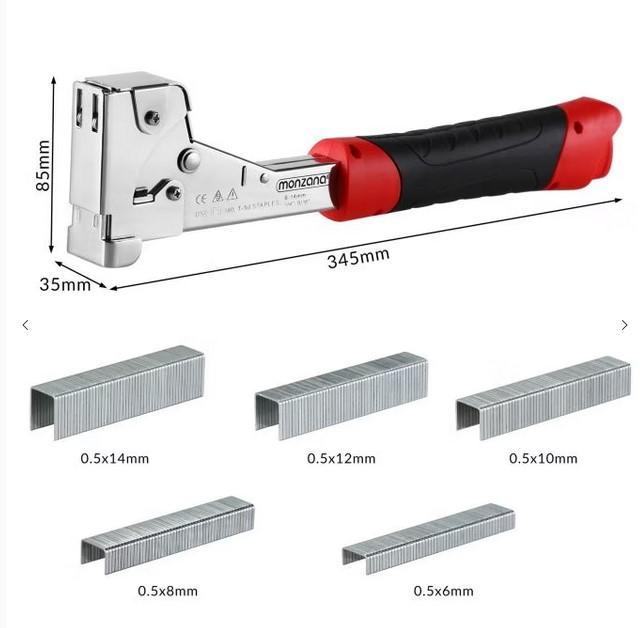 "Schlagtacker/Hammertacker inklusive 500 Klammern"
Warenzusammenstellung in Aufmachung für den Einzelverkauf, bestehend
aus

- einem sogenannten Schlag-/Hammertacker (Ware mit verschiedenen
  Funktionen)
- - mit freiem Arm zu handhaben
- - aus unedlem Metall gefertigt, längliches Gehäuse mit einem Kopf zum
    Tackern von Klammern, mit einem integrierten Klammerzieher; an der
    gegenüberliegenden Seite mit Griff aus Kunststoff mit ausziehbarem
    Klammermagazin
- - an der Rückseite des Kopfes mit einer glatten Fläche zum Einschlagen
    herausstehender Klammern
- - Abmessungen: etwa 345 mm x 85 mm x 35 mm
- - für 6, 8, 10, 12 und 14 mm Heftklammern
- - aufgrund der verschiedenen Funktionen ist das Erzeugnis, unter Anwendung
    der AV 3 c) in die zuletzt genannte der gleichermaßen in Betracht kommenden
    Positionen einzureihen
- - zur Verwendung auf verschiedensten Materialien, wie zum Beispiel bei der
    Befestigung von Isoliermaterial auf Holz, etc.

- 500 Stück Klammern, zusammenhängend in Streifen, aus unedlem Metall
  (je 100 x 6mm, 8mm, 10mm, 12mm und 14mm)

- gemeinsam in einem Versandkarton verpackt

Der Tacker bestimmt im Hinblick auf den Wert und das Gewicht den Charakter der
Warenzusammenstellung.
 
- Antragstellerangaben -
 
 
Abbildung siehe Anlage.
 
 
Derartige Erzeugnisse gehören als "Handwerkzeuge, anderweit weder genannt
noch inbegriffen, mit arbeitendem Teil aus unedlem Metall, andere als in den
TARIC-Codes 8205 1000 00 bis 8205 5910 00 genannte" zum TARIC-Code
8205 5980 00.