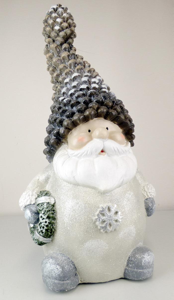 Angaben:
Santa; Material: 80 % Clay, 10 % Polyresin, 10 % Polyfiber.

Warenbeschaffenheit:
Zierfigur in Form eines winterlich bekleideten Wichtels, mit einer Mütze, die einem Tannenzapfen nachgebildet ist. Augenscheinlich besteht der Artikel aus mit Fasern vermischtem Zement.

Befund:
Waren aus Asbestzement, Cellulosezement oder dergleichen