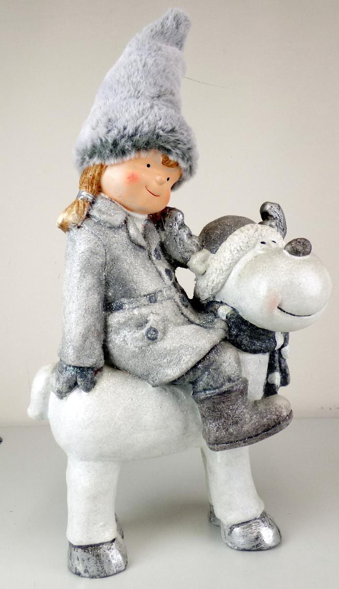 Angaben:
Mädchen auf Elch; Material: 85 % Clay, 10 % Polyfiber, 5 % Fabric (50 % Baumwolle,40 % Polyester fiber, 10 % Nylon).

Warenbeschaffenheit:
Zierfigur in Form eines winterlich bekleideten Mädchens mit einer Mütze aus Kunstfell, auf einem Rentier sitzend. Augenscheinlich besteht der Artikel aus mit Fasern vermischtem Zement.

Befund:
Waren aus Asbestzement, Cellulosezement oder dergleichen.
