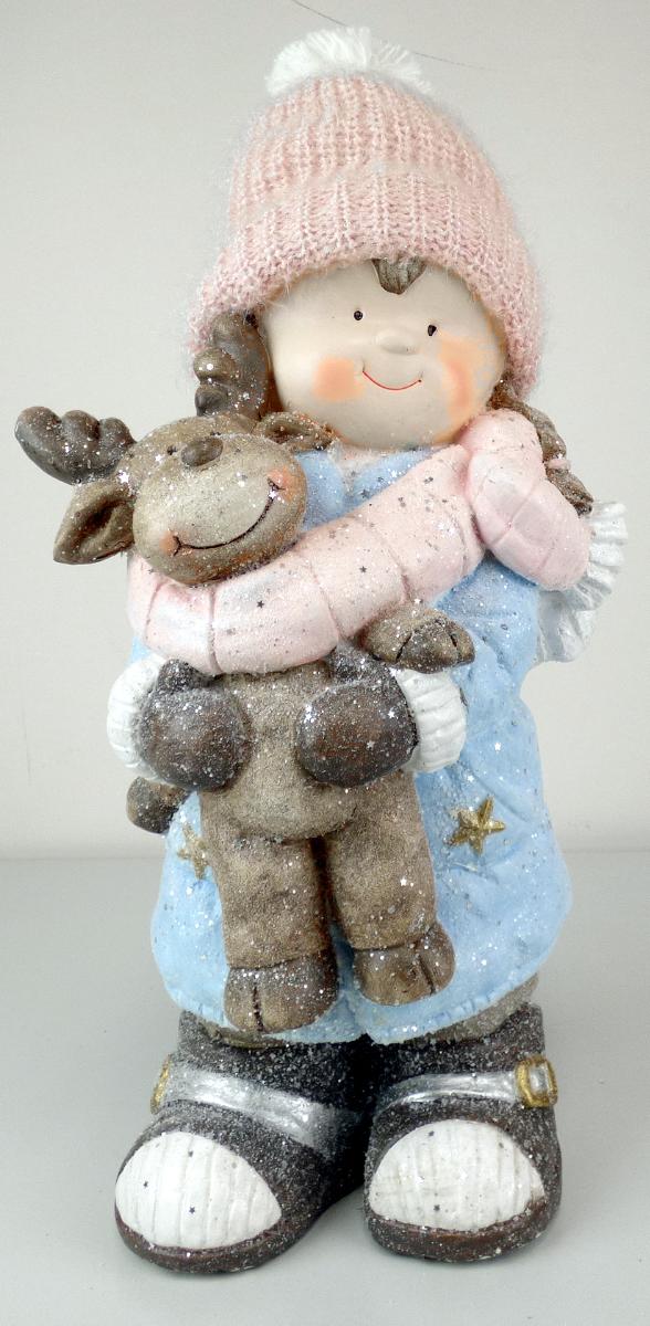 Angaben:
Mädchen mit Elch; Material: 75 % Clay, 10 % Polyresin, 10 % Fiberglass, 5 % Fabric (50 % Baumwolle, 40 % Polyester fiber, 10 % Nylon).

Warenbeschaffenheit:
Zierfigur in Form eines winterlich bekleideten Mädchens mit einer Strickmütze, ein Rentier im Arm haltend. Augenscheinlich besteht der Artikel aus mit Fasern vermischtem Zement.

Befund:
Waren aus Asbestzement, Cellulosezement oder dergleichen.
