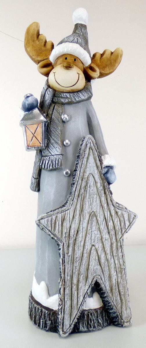 Angaben:
Rentier; Material: 80 % Clay, 10 % Polyresin, 10 % Polyfiber.

Warenbeschaffenheit:
Zierfigur in Form eines winterlich bekleideten Rentiers, in den Händen eine Laterne und einen Stern in Holzoptik haltend. Augenscheinlich besteht der Artikel aus mit Fasern vermischtem Zement.

Befund:
Waren aus Asbestzement, Cellulosezement oder dergleichen