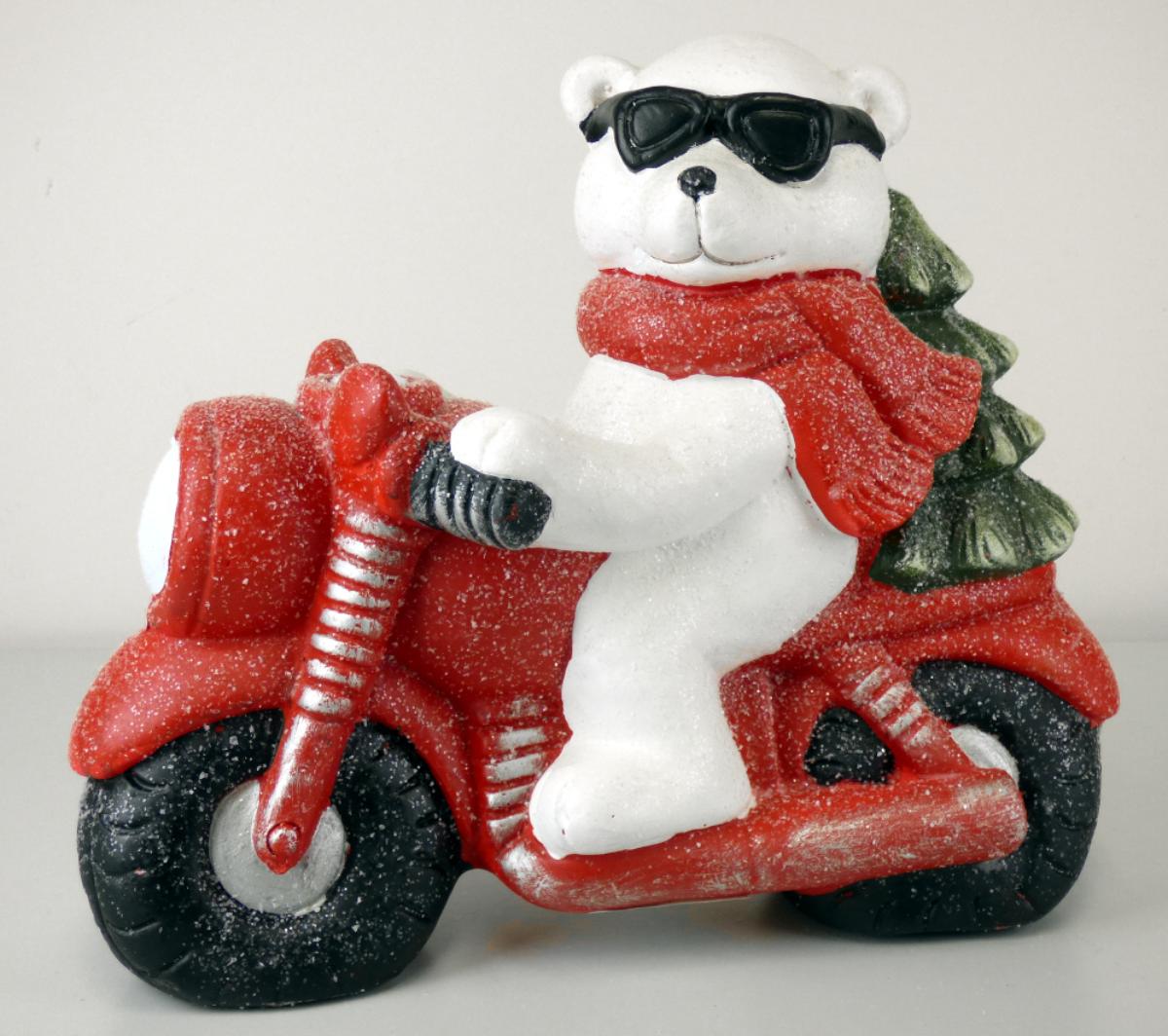 Angaben:
 Bär auf Roller; Material: 80 % Clay, 10 % Polyresin, 10 % Polyfiber.

Warenbeschaffenheit:
Zierfigur in Form eines winterlich bekleideten Eisbären auf einem Motorrad, mit Tannenbaum. Augenscheinlich besteht der Artikel aus mit Fasern vermischtem Zement.

Befund:
Waren aus Asbestzement, Cellulosezement oder dergleichen