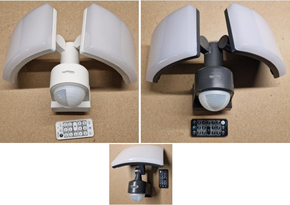 Bei den "LED-Strahlern" handelt es sich um diverse Wandleuchten aus einer Serie (in zwei Varianten) für den Außenbereich, mit integriertem passiven Infrarot-Bewegungsmelder und Fernbedienung. Sie bestehen jeweils aus einer Montageplatte und einer Wandhalterung aus Kunststoff, die je nach Ausführung mit einem einfachen bzw. doppelten, rechteckigen und beweglichen Leuchtenkopf ausgestattet ist. Diese sind entweder über ein oder zwei Gelenke mit dem Hauptgehäuse verbunden, welches mit integrierten LED-Lichtquellen und Abdeckungen aus  lichtdurchlässigem Kunststoff versehen ist.

Leuchte 1 (ein Leuchtenkopf - Abmessungen ca. 255 x 199 x 169 mm (B x H x T)
Technische Daten (auszugsweise):
- Lichtstrom: 2.900 lm
- Leistung: 25 W
- Farbtemperatur: 2.700 K, 3.000 K, 4.000 K, 5.000, 6.000 K

Leuchte 2 (zwei Leuchtenköpfe - Abmessungen ca. 255 x 199 x 187 mm (B x H x T) 
Technische Daten (auszugsweise):
- Lichtstrom: 4.400 lm 
- Leistung: 40 W 
- Farbtemperatur: 2.700 K, 3.000 K, 4.000 K, 5.000, 6.000 K

Die jeweiligen Varianten sind funktional identisch, unterscheiden sich lediglich in Gehäuse -sowie Strahlenlinsenfarbe.

Die Erzeugnisse sind zur Wandmontage bestimmt und dienen vorwiegend der Beleuchtung im Außenbereich (IP 65), bspw. im Hauseingang.
 
 Der stoffliche Charakter der Leuchten wird insbesondere nach dem Umfang und der Bedeutung in Bezug auf die Verwendung (Lichtlenkung und Stabilität) durch den Kunststoff bestimmt.
 
Die Leuchten sind mit Montagematerial (Schrauben und Dübel) in einem Karton verpackt.
 
Die Erzeugnisse sind als "Leuchten, anderweit weder genannt noch inbegriffen, elektrische Wandleuchten, ausgenommen solche von der für öffentliche Plätze oder Verkehrswege verwendeten Art, ausschließlich zur Verwendung mit LED-Lichtquellen bestimmt, aus Kunststoff, nicht für zivile Luftfahrzeuge" einzureihen.