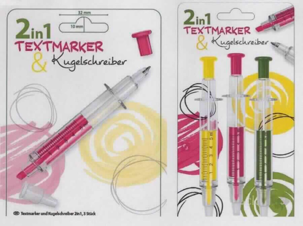 Bei der als "Kugelschreiber und Textmarker aus Kunststoff" bezeichneten Ware handelt es sich um ein Schreibgerät, im Wesentlichen bestehend aus einem Kunststoffgehäuse in der Optik einer stilisierten Spritze, ausgestattet mit zwei Schutzkappen. Das Erzeugnis kann je nach Richtung wie ein Kugelschreiber oder wie ein Markierstift mit poröser Spitze verwendet werden. 

Eine Einreihung der Ware mit mehreren Funktionen erfolgt in die zuletzt genannte, der gleichermaßen in Betracht kommenden Unterpositionen. 

Der Stift ist zu drei Stück je Verpackung aufgemacht und wird als "Schreiber und Markierstift, mit Filzspitze oder anderer poröser Spitze" eingereiht.