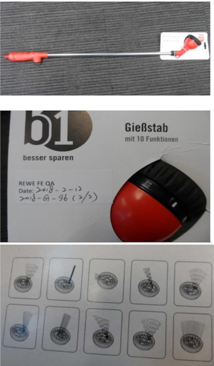 Sog. Gießstab,
- aufgebaut aus einer 10-fach verstellbaren Spritzdüse, über ein Metallrohr mit einem Griffstück mit
  integriertem Ventil, Drehscheibe und einem Anschlussgewinde verbunden (Abbildung siehe Anlage),
- zum Verspritzen von Flüssigkeiten sowie gleichermaßen zum Regeln der Wasserzufuhr und des
  Durchflusses bestimmt.
Eine kennzeichnende Haupttätigkeit ist nicht feststellbar.

"Armatur für Schlauchleitungen, keine Ware der Codenummern 8481 1005 10 0 bis 8481 8079 30
 (Kombination aus Spritzdüse, Ventil und Drehscheibe, ohne kennzeichnende Haupttätigkeit - sog.
 Gießstab"