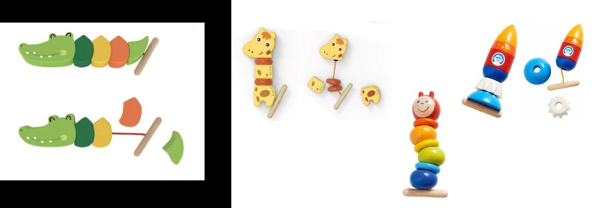 Bei der als sog. "Fädelspiel" bezeichneten Ware handelt es sich um ein Baukastenspielzeug,
- in verschiedenen Designs vorliegend (Krokodil, Giraffe, Wurm und Rakete),
- aus Holz gefertigt,
- mit einem Anfangsteil ("Kopf") mit einer daran befestigten Schnur,
-- am Ende der Schnur mit einem Holzstab als Endstück versehen,
- mit verschiedenen Zwischenteilen ("Körperteilen),
-- können in beliebiger Reihenfolge auf die Schnur aufgefädelt, heruntergenommen und in einer neuer Reihenfolge wieder aufgefädelt werden,
- dient der spielerischen Unterhaltung,
- ohne Hinweise auf Handarbeit.

Die Einzelteile sind sinnvoll aufeinander abgestimmt und alleine nicht zum Spielen geeignet.

Die Designs sind jeweils einzeln in einer bedruckten Pappverpackung verpackt.

Derartige Erzeugnisse werden zolltarifrechtlich als "anderes als von den Unterpositionen (KN) 9503 0010 bis 9503 0030 erfasstes Spielzeug, Baukastenspielzeug, nicht aus Kunststoff, nicht handgearbeitet" eingereiht.