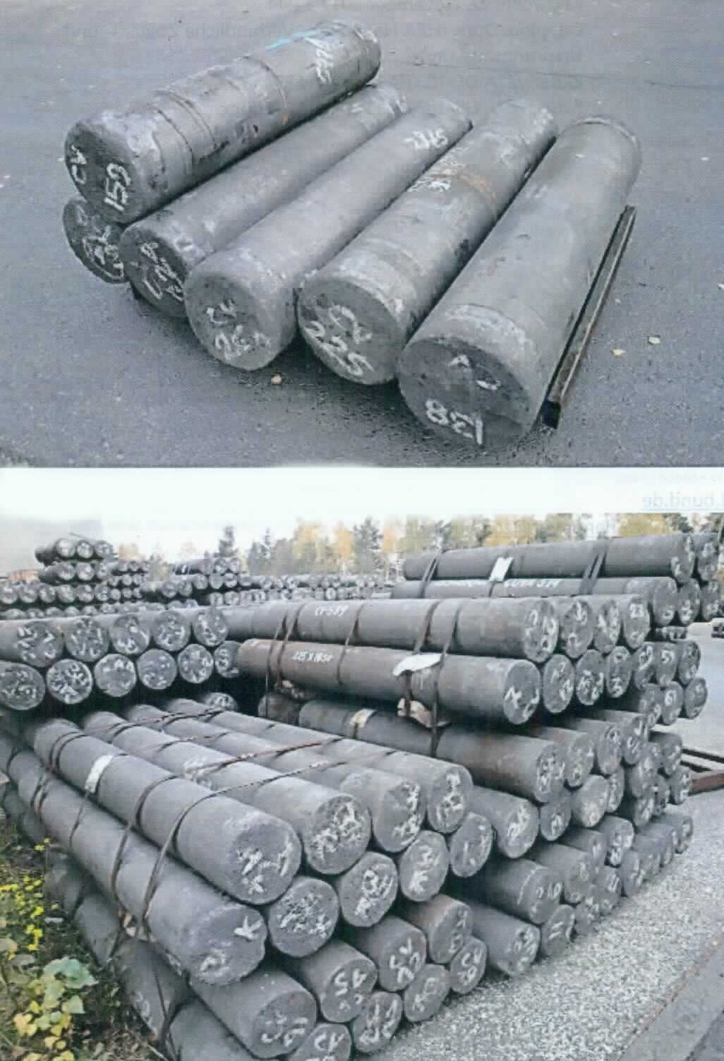 Angaben des Antragstellers:
Rohmaterial für Elektrodennippel
Die Ware liegt in Form dunkelgrauer, grafitierter ("graphitised"), zylindrischer Stangen ("rods") aus Grafit mit einer Länge von 300 mm bis 3000 mm und einem Durchmesser von 200 mm bis 750 mm vor. Die künstlich hergestellten Grafitstangen sind noch nicht maschinell bearbeitet (d.h. ohne Bohrungen, ohne Gewindeschnitte und ohne Bearbeitung an einer Drehbank/Drehmaschine).

Ein Warenmuster wurde nicht vorgelegt.
Gemäß vorliegender Abbildungen handelt es sich um anthrazitfarbene, zylinderförmige, massive, augenscheinlich unbearbeitete Stangen.

Befund:
Es liegt künstlicher Grafit in Form von unbearbeiteten Stangen vor.
