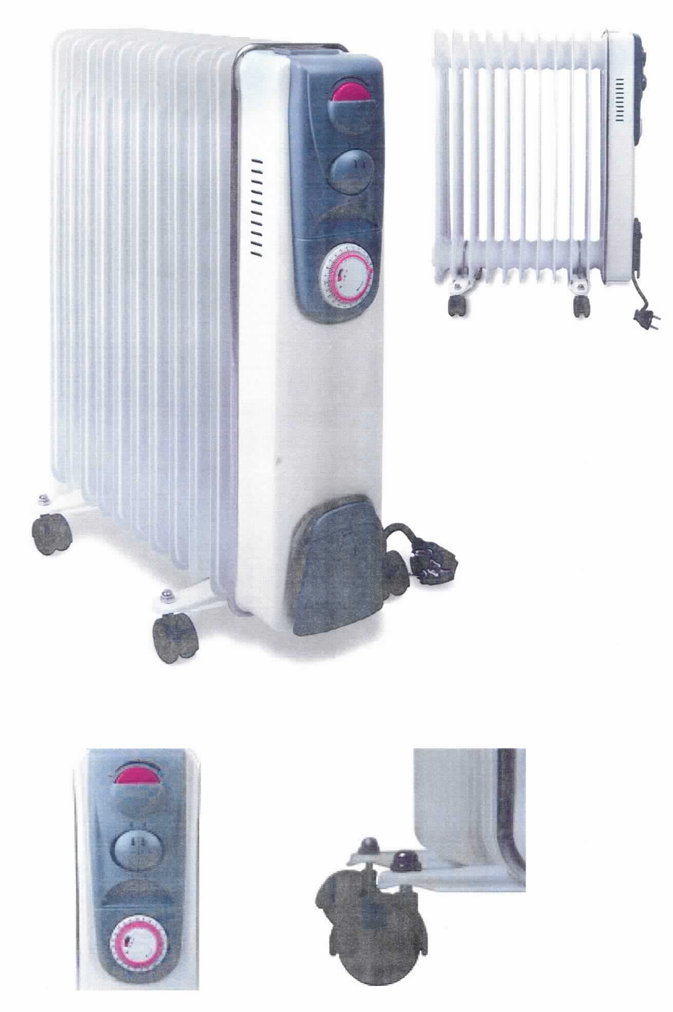 Ölradiator 
- mit Flüssigkeitsumlauf (Öl) in einem Metallgehäuse aus 11 bzw. 13 Heizrippen, mit vier Rollen
  und einem Anschlusskabel, Bedienelementen, Kontrollleuchte, Tragegriff  und Kabelaufwicklung,
  mit eingebautem stufenlos regelbarem Thermostat, drei Leistungsstufen
  (1000, 1400 oder 2500 Watt), Überhitzungsschutz und 24-Stunden Timer mit Abschaltautomatik, 
  Abmessungen ca. 50 x 24 x 61 cm bzw. 58 x 24 x 61 cm,
- zur Verwendung als Ölradiator zum Beheizen von Räumen.
(Abbildung s. Anlage)

"Elektrisches Gerät zum Raumbeheizen, kein Speicherheizgerät, Radiator mit Flüssigkeitsumlauf;
 sog. Ölradiator"