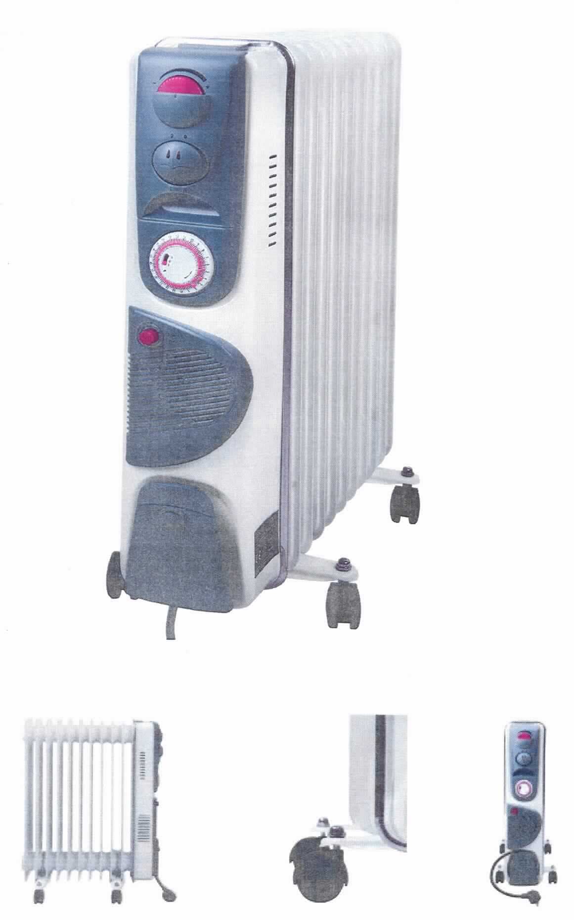 Ölradiator mit Lüfter (Abbildung s. Anlage)
- Radiator mit Flüssigkeitsumlauf (Öl) in einem Metallgehäuse aus elf Heizrippen mit vier Rollen
  und einem Anschlusskabel, Bedienelementen, Kontrollleuchte, Lüftungsschlitzen, Tragegriff 
  und Kabelaufwicklung, mit eingebautem stufenlos regelbarem Thermostat, drei Leistungsstufen
  (1000, 1400 oder 2500 Watt), Überhitzungsschutz und 24-Stunden Timer mit Abschaltautomatik 
  sowie einem zusätzlich eingebauten, zuschaltbaren Heizlüfter mit Ventilator,
  (Abmessungen 50 x 24 x 61 cm),
- verpackt in einem Pappkarton,
- zur Verwendung als Ölradiator (kennzeichnende Haupttätigkeit) und als Heizlüfter, zum Beheizen von Räumen.

"Elektrisches Gerät zum Raumbeheizen, kein Speicherheizgerät (Kombination aus Radiator mit Flüssigkeitsumlauf -kennzeichnende Haupttätigkeit- und Heizlüfter)"