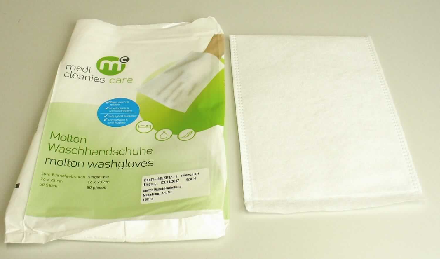 Waschhandschuhe, sog. Molton Waschhandschuhe Medicleans, Art. MC 100103,  Foto siehe Anlage,
- in einem bedruckten Polybeutel verpackt,
- in nahezu rechteckiger Form, mit den Abmessungen von laut Antrag (L x B): ca. 23 cm x 16 cm,
- laut Untersuchungsergebnis aus einfarbigen Vliesstoffen der Position 5603 aus synthetischen und 
  künstlichen Chemiefasern, 
- an einer Schmalseite umgeschlagen und an den beiden Längsseiten zusammengeschweißt (somit konfektioniert),
- laut Antrag zum Einmalgebrauch,
- wird zur Körperpflege verwendet.

"Wäsche zur Körperpflege (Waschhandschuh), aus Spinnstoffen, aus Chemiefasern, aus Vliesstoffen"