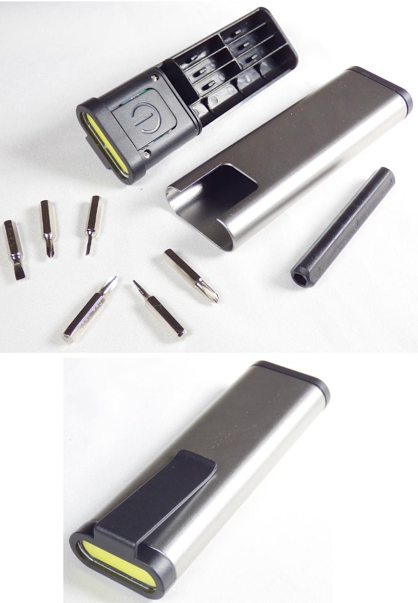 "LED-Lampe"

-  mit vier weiß leuchtenden LED, Batteriefach und Ein-/Ausschalter in
  einem Kunststoffgehäuse mit Halte-Clip und aufschiebbarer Metallhülle

- Abmessungen ca. 105 x 32 x 13 mm

- zur Verwendung als tragbare elektrische Leuchte

Die Taschenlampe ist Bestandteil eines sog. Pocket-Tool-LED.
In das Gehäuse eingelegt sind ein Magnet-Bithalter sowie sechs Bits
(nicht Gegenstand dieser vZTA; Abbildung siehe Anlage; zusammen
verpackt in Luftpolsterfolie und einem Pappkarton).

Eine Einreihung des Sets als Warenzusammenstellung in Aufmachung für
den Einzelverkauf kommt nicht in Betracht, da die einzelnen Waren nicht
zur Befriedigung eines speziellen Bedarfs oder zur Ausübung einer
bestimmten Tätigkeit zusammengestellt worden sind.

Derartige Erzeugnisse gehören als "tragbare elektrische Leuchte zum
Betrieb mit eigener Stromquelle, kein Beleuchtungsgerät der Position 8512"
zur Codenummer 8513 1000 00 0.