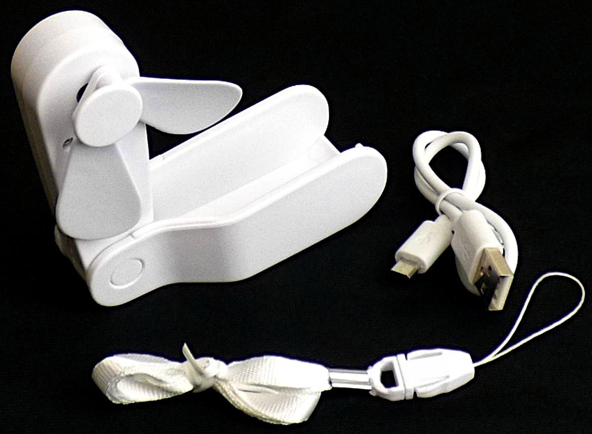 Tisch- und Handventilator (Abbildung siehe Anlage),
- aus einem klappbaren Gehäuse mit eingebautem Elektromotor
  und zweiflügeligem Lüfterrad,
- mit einer Leistung von 0,2 Watt,
- zur Erzeugung eines Luftdrucks von weniger als 2 bar,
- zur Bewegung der Raumluft durch Erzeugung eines kontinuierlichen Luftstroms,
- zusammen mit Beipack (USB-Ladekabel und Trageschlaufe) in einer gemeinsamen
  Verkaufsumschließung.
Der Ventilator bestimmt den Charakter des Ganzen.

"Ventilator, anderer als Tisch,- Boden-, Wand-, Decken-, Dach- oder Fensterventilator, keine
 Ware der Codenummern 8414 5915 00 0 bis 8414 5925 10 0, in Warenzusammenstellung
 mit nicht charakterbestimmendem Beipack, in Aufmachung für den Einzelverkauf"